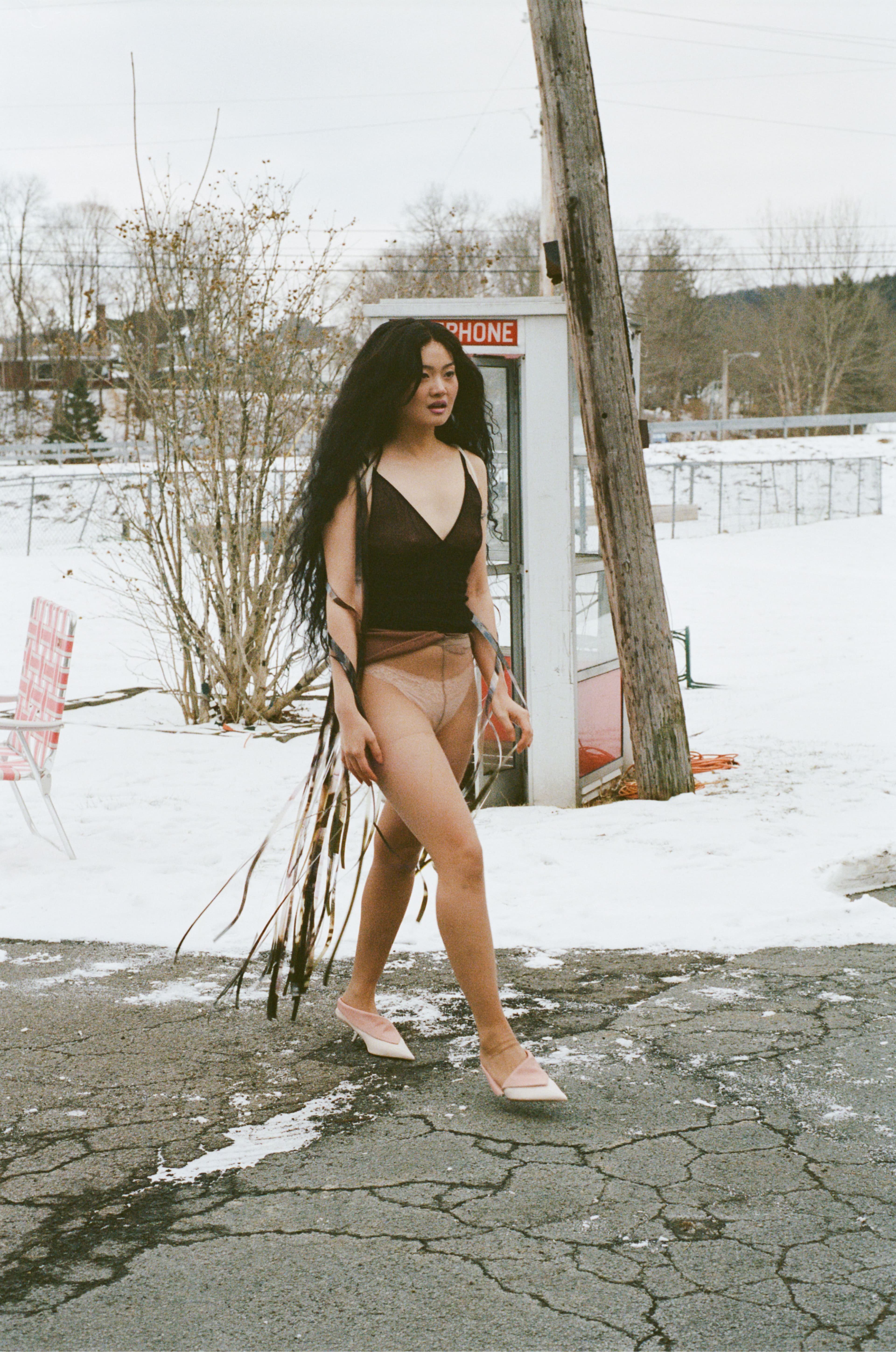 CAPE by Iseder. TOP by Amiss. UNDERWEAR by Intimissimi. SHOES by Ferragamo.