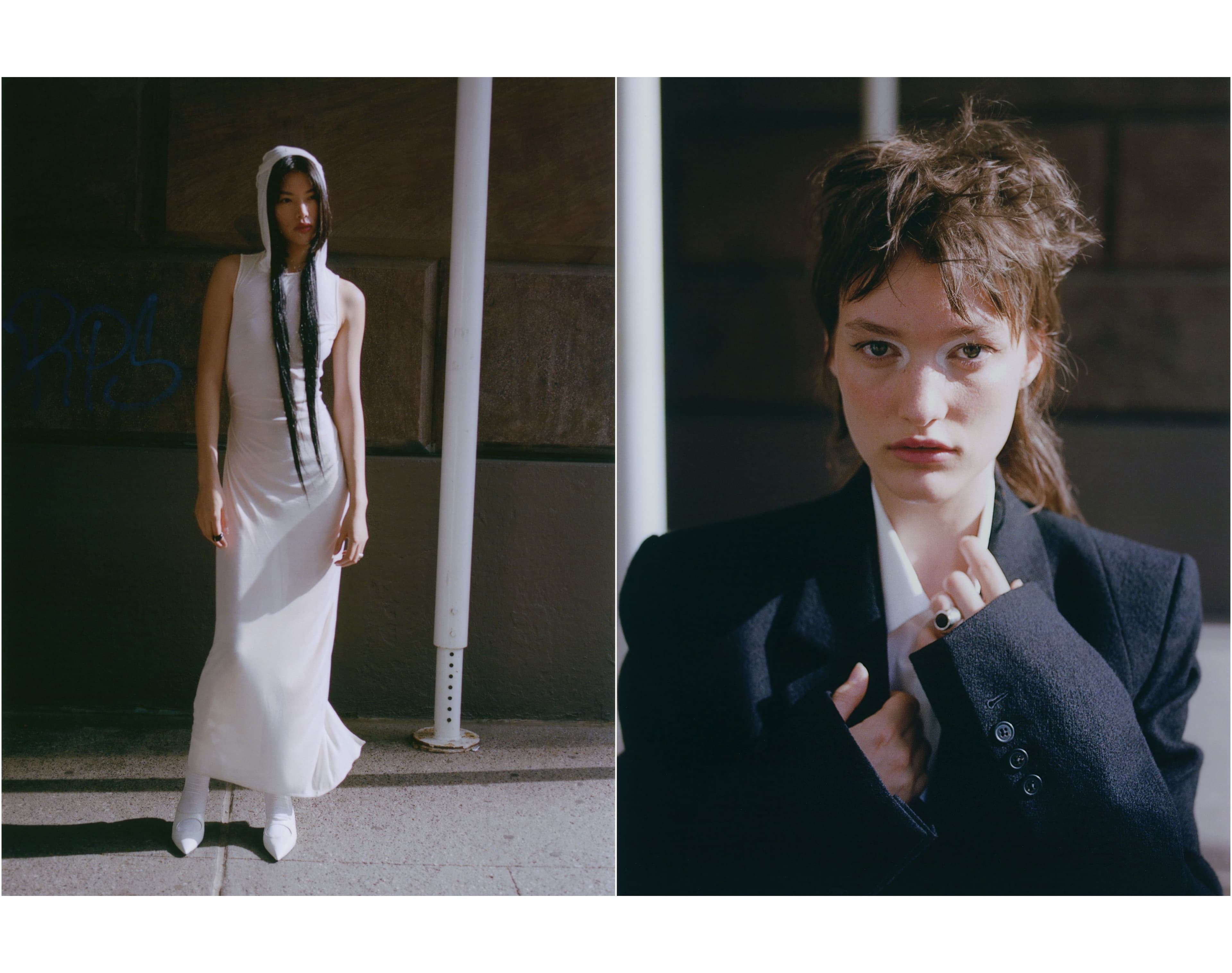 Xue wears dress by Bevza. Shoes by Reike Nen. Socks by Falke. Rings by Sophie Buhai. Nuala wears suit by Ann Demeulemeester. Shirt by Paul Smith. Shoes by Tibi. Ring by Sophie Buhai.