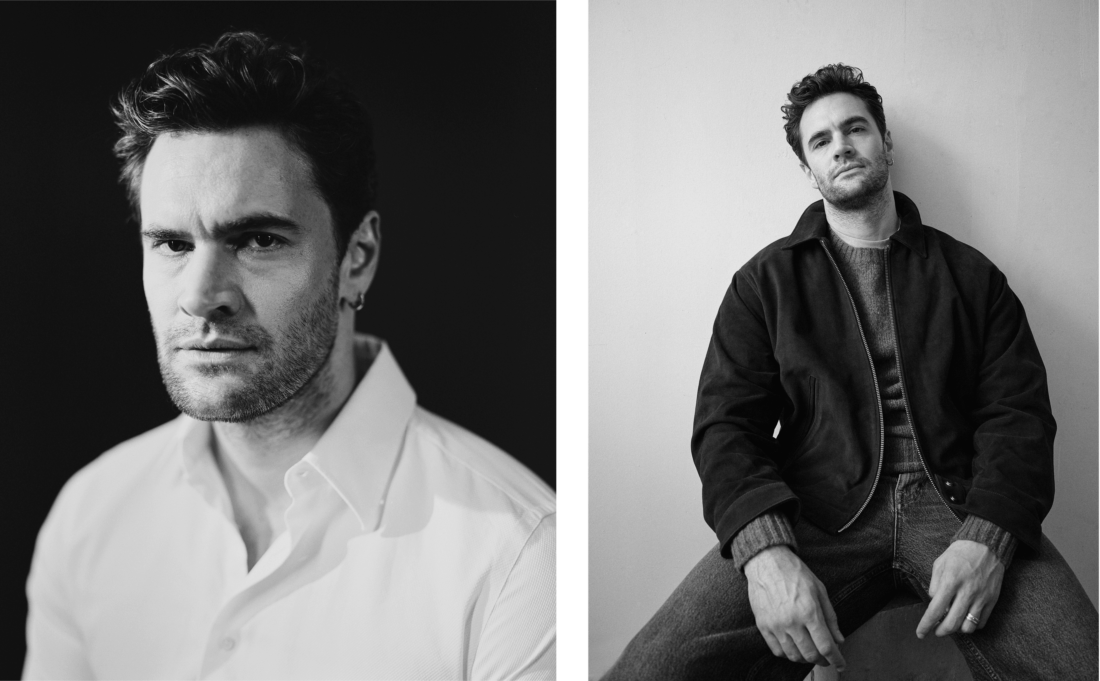 LEFT: SHIRT by Canali. RIGHT: JACKET, SWEATER, and T-SHIRT by NN.07; PANTS by Loewe.