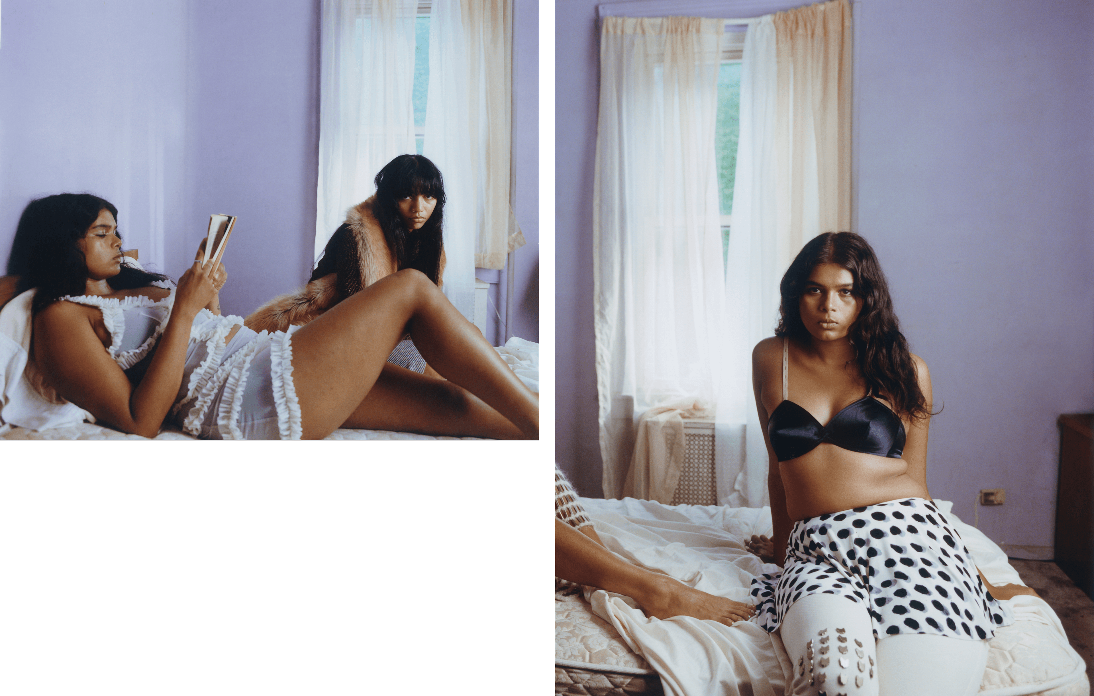 LEFT: FROM LEFT: All CLOTHING by ,Gigi Clothing. ,All CLOTHING by ,Miu Miu. ,RIGHT: BRA by ,Miu Miu,. SKIRT by ,Norma Kamali,. LEGGINGS by ,Iseder,.