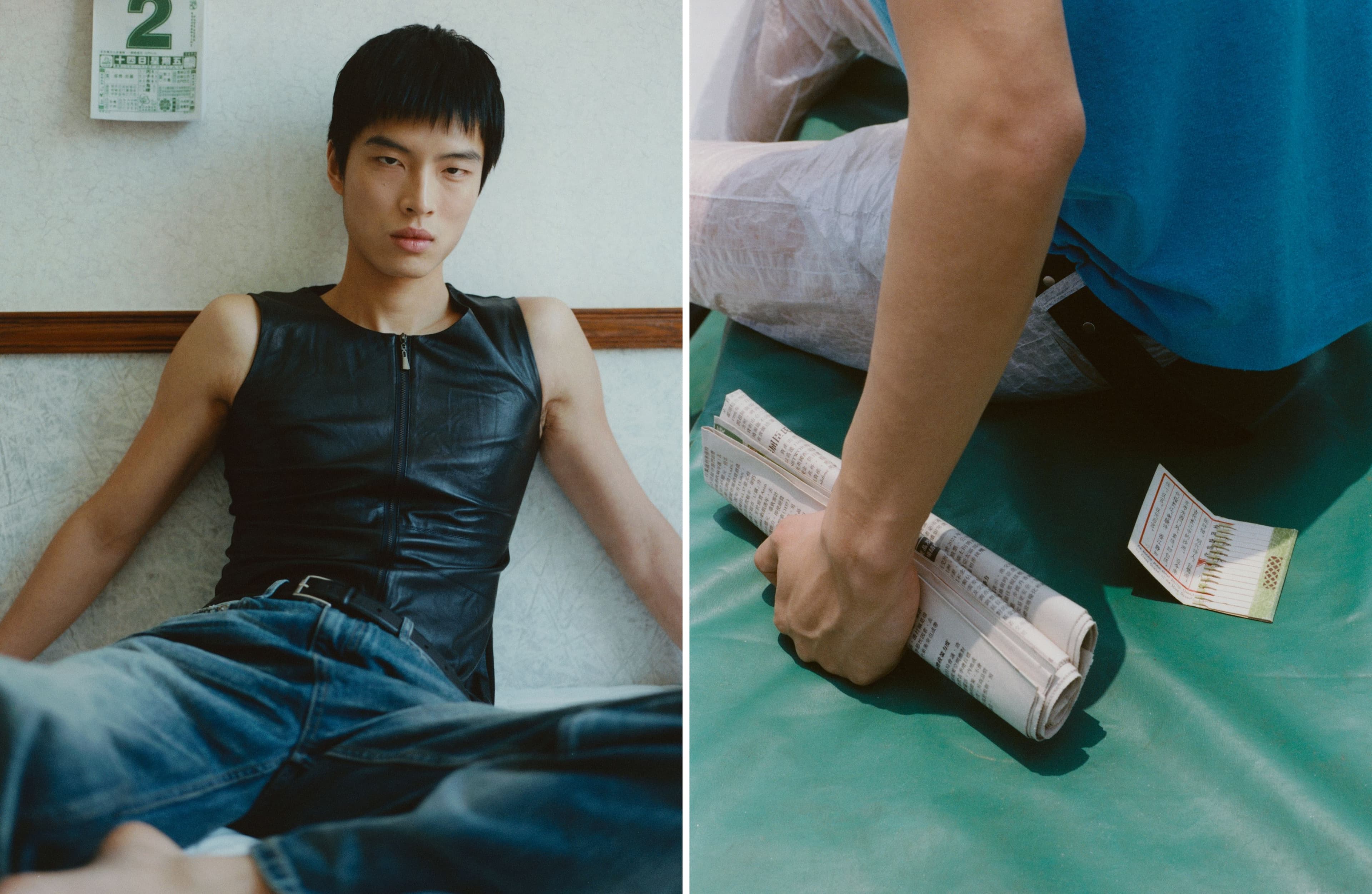LEFT: Vintage TOP by Maison Martin Margiela; vintage JEANS by Helmut Lang. RIGHT: All CLOTHING and BELT by Karmuel Young.