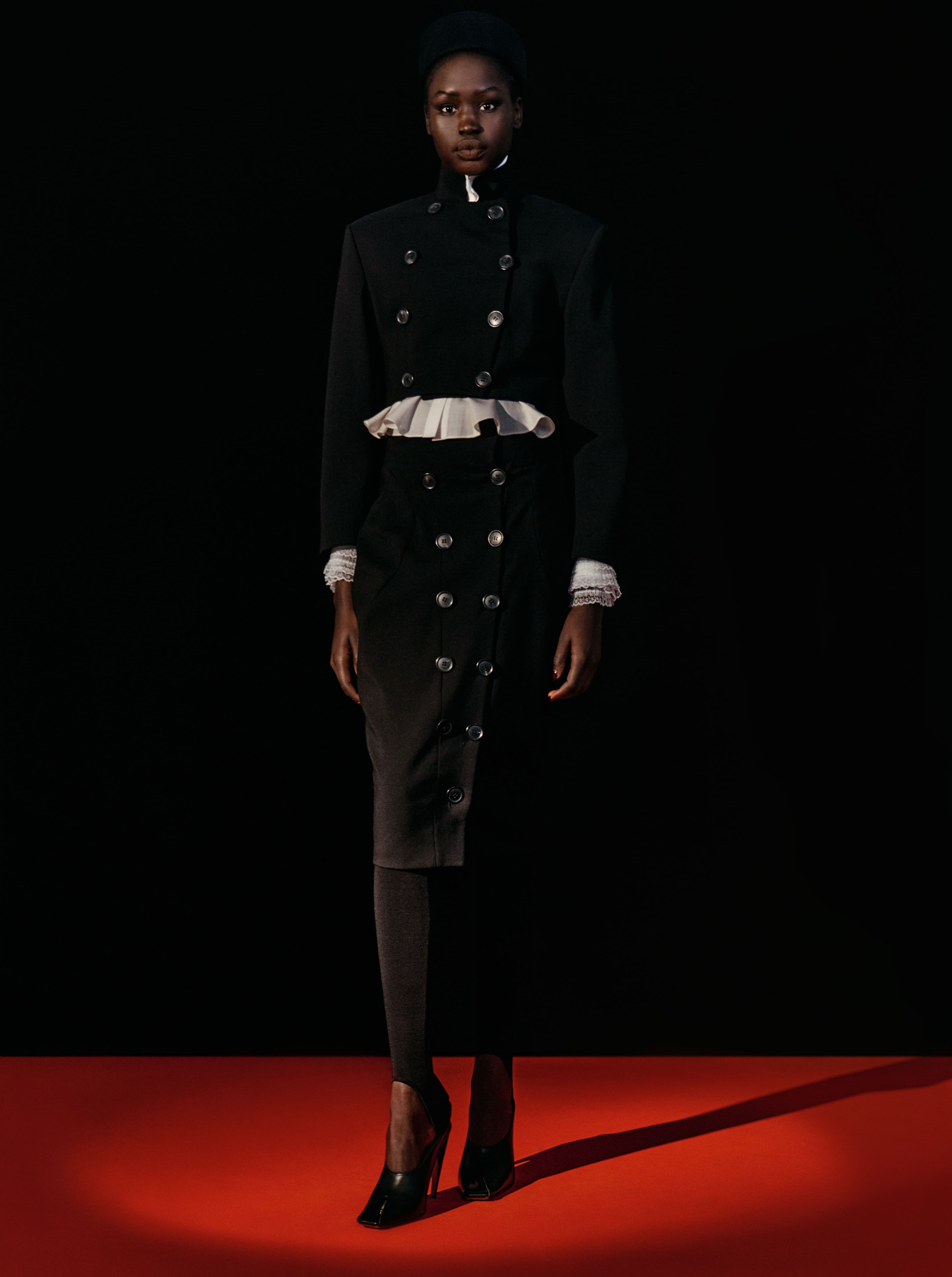 JACKET, SKIRT, LEGGINGS, and SHOES by ,Alaïa., SHIRT by ,Ashlyn.