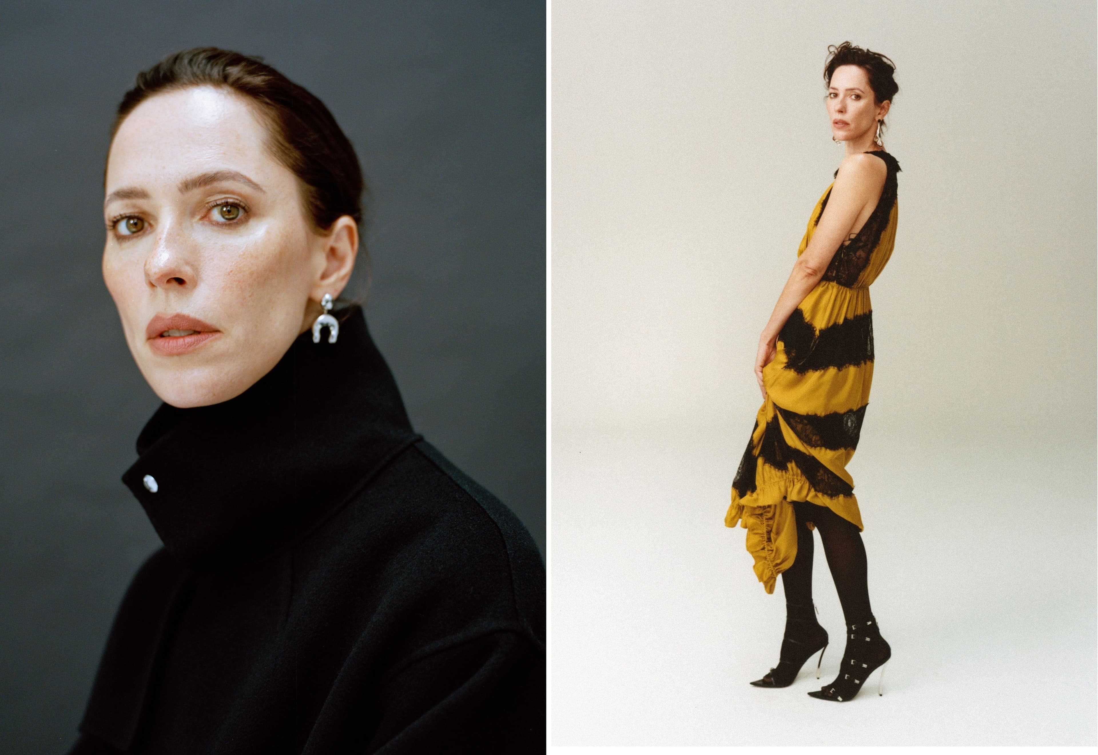 LEFT: JACKET by Hyke; EARRINGS by Agmes. RIGHT: DRESS by Ulla Johnson; vintage SHOES by Versace; EARRINGS by Agmes.