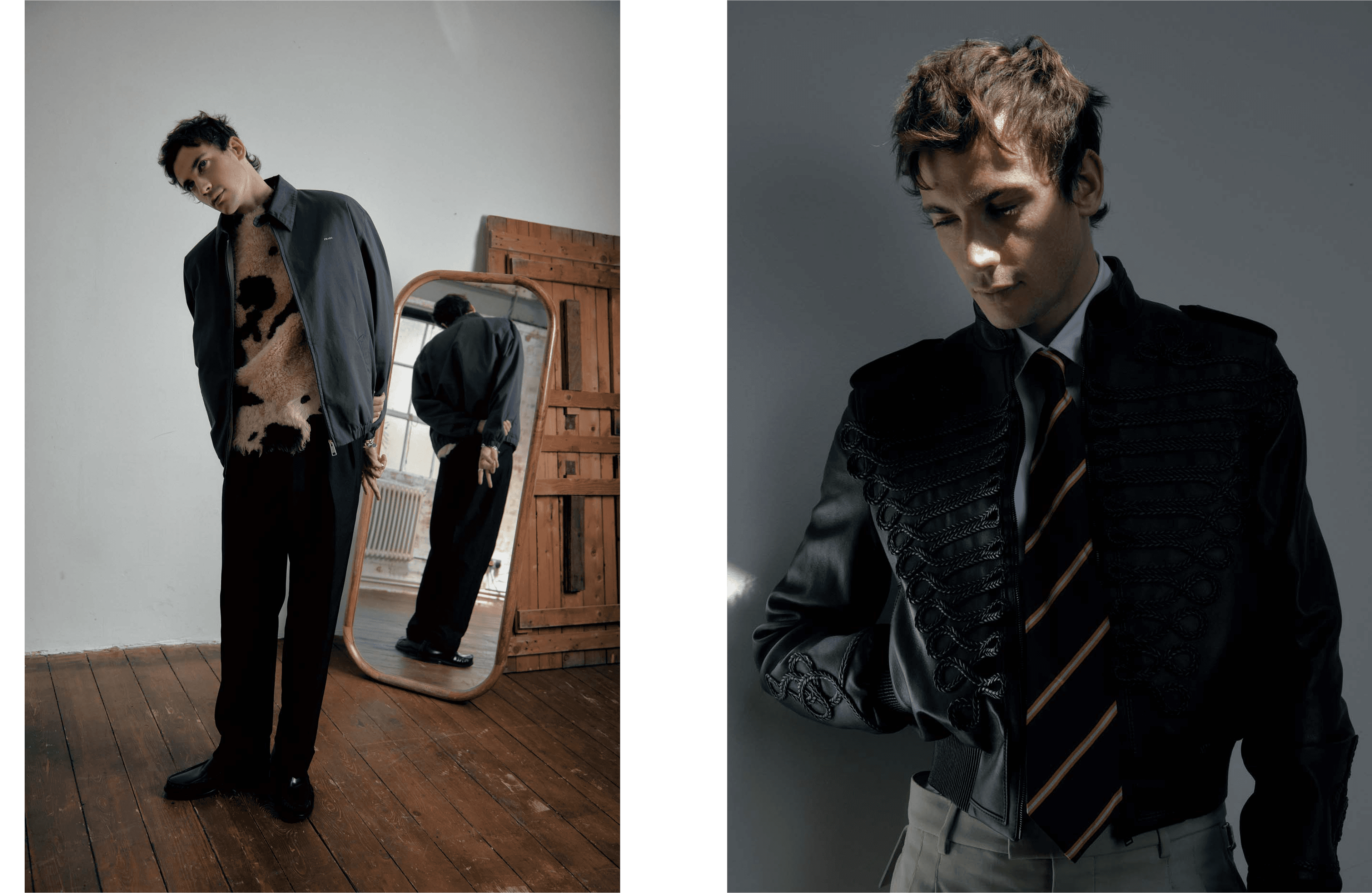 LEFT: All CLOTHING and SHOES by ,Prada. ,RIGHT: JACKET by, McQueen,. SHIRT by ,Hermès,. PANTS by ,AMI Paris., TIE by ,Joseph,.