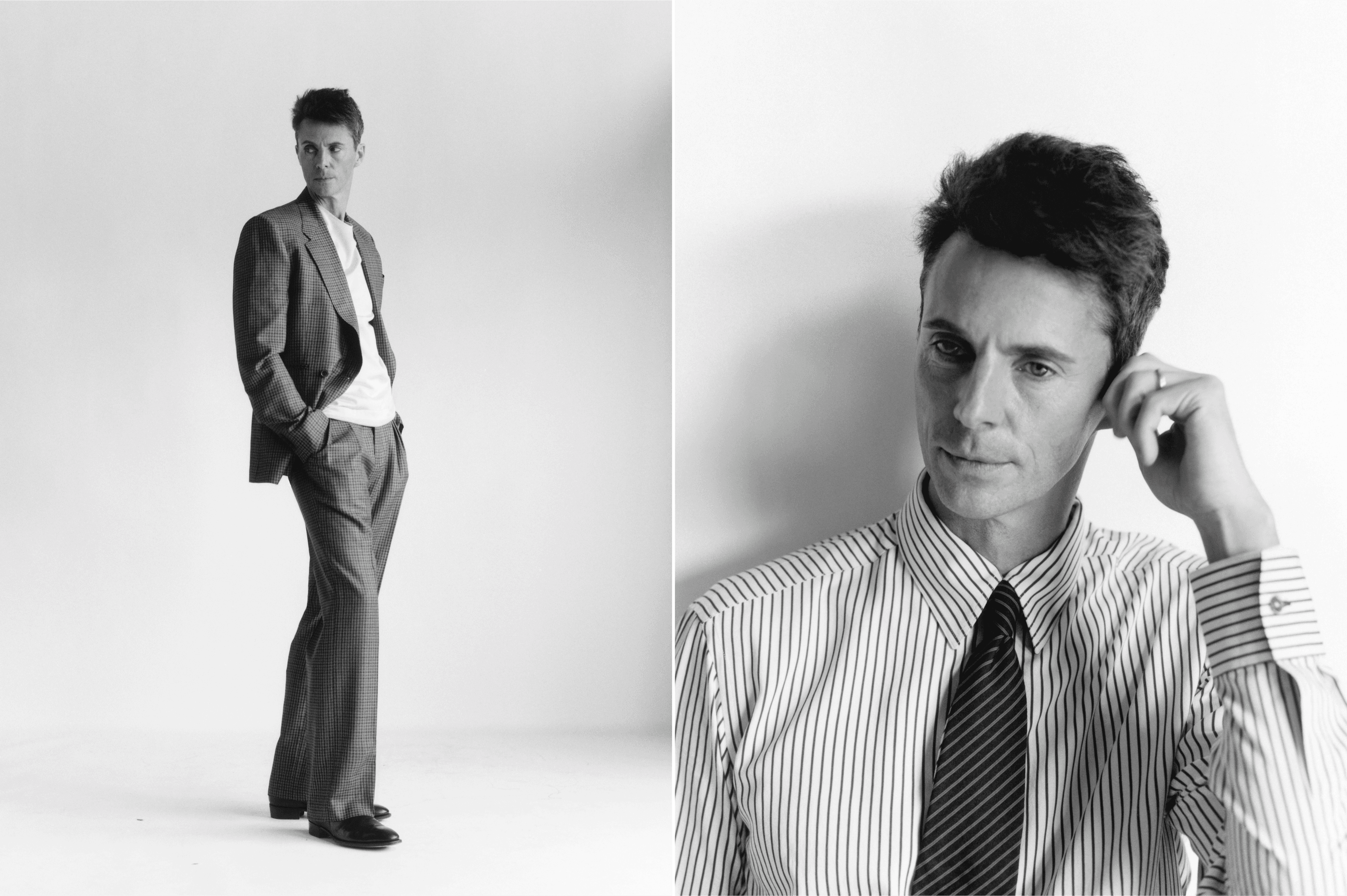 LEFT: JACKET and PANTS by ,Paul Smith., T-SHIRT by ,Derrick., SHOES by ,John Lobb., RIGHT: SHIRT and TIE by ,Paul Smith.