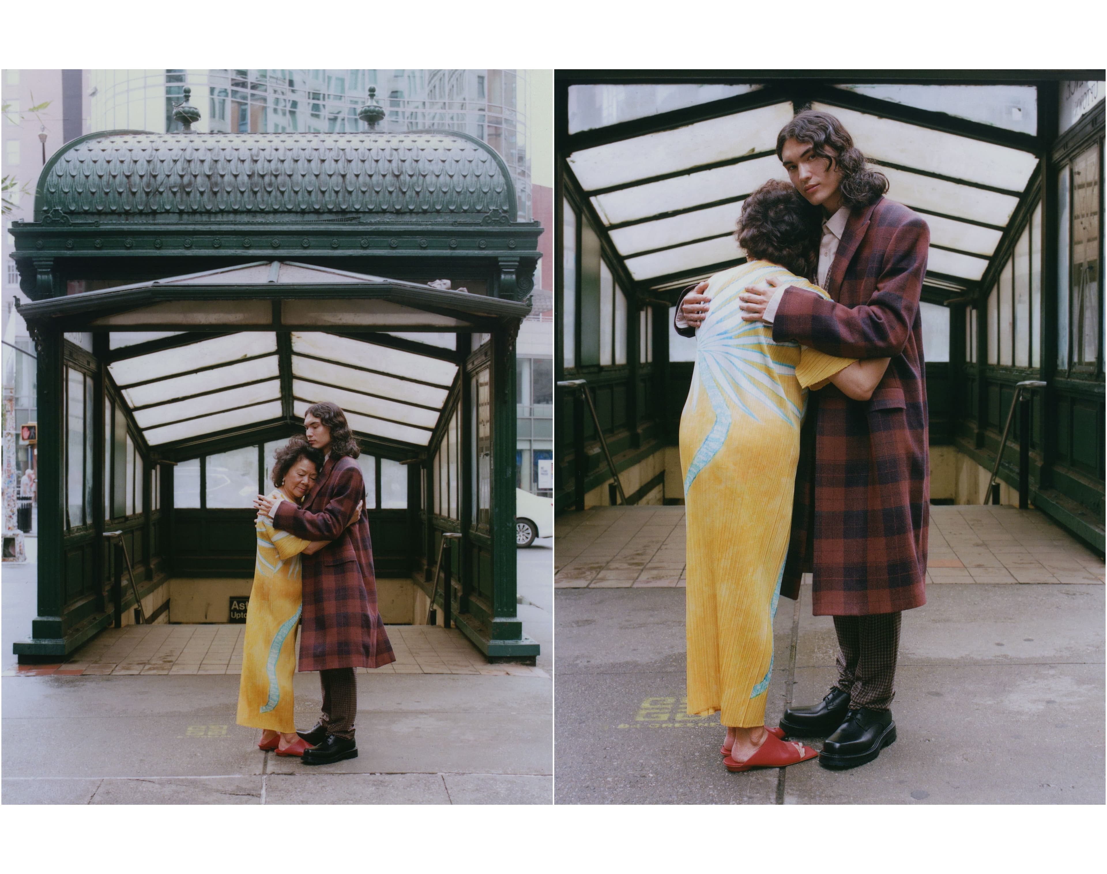 Daxia wears dress by  Pleats Please Issey Miyake. Shoes by Tibi. Earrings by Agmes. Ethan wears coat and suit by Paul Smith. Shirt by Colbo NYC. Shoes by Dries Van Noten.