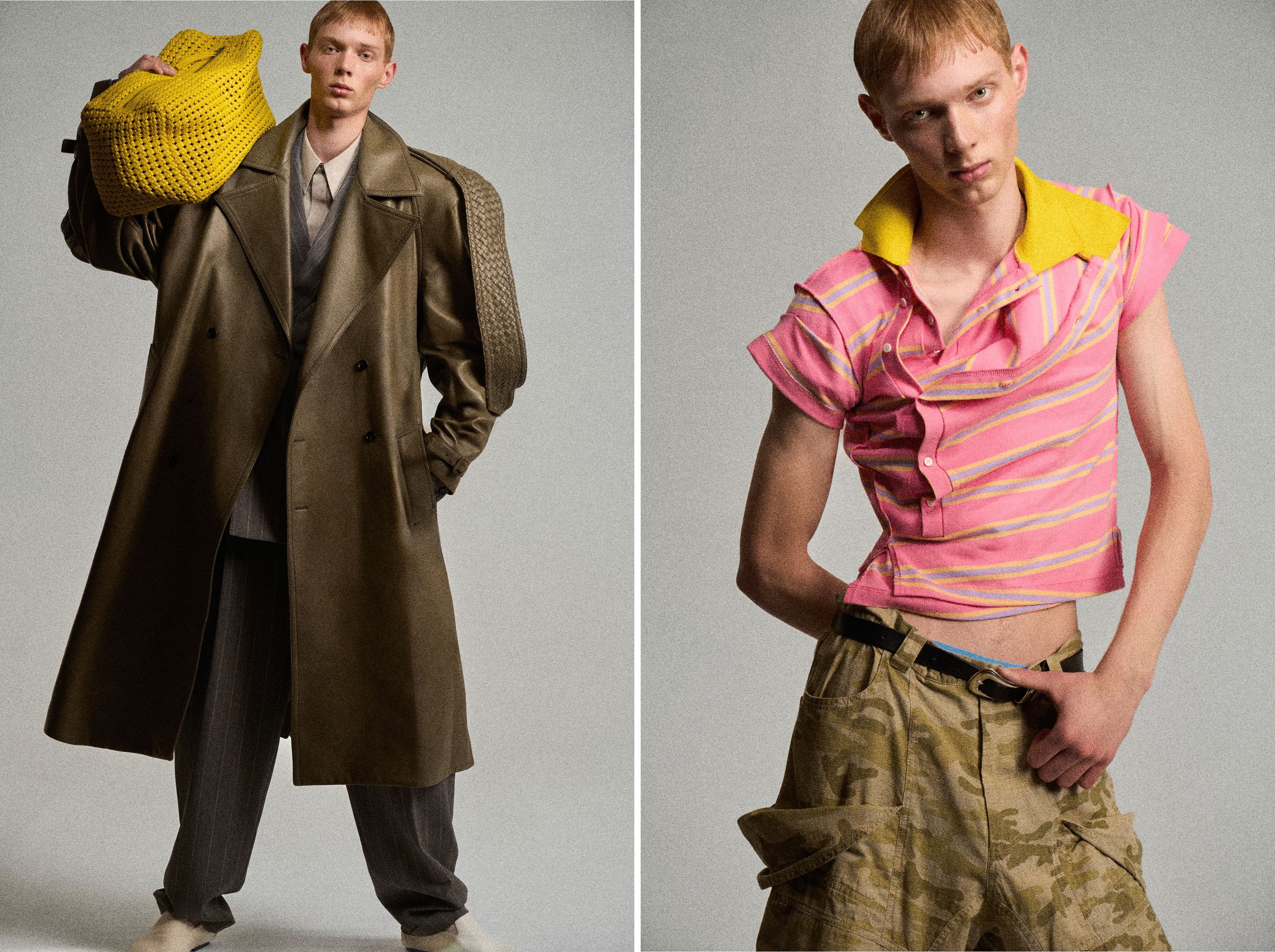 LEFT: All CLOTHING and ACCESSORIES by Bottega Veneta. RIGHT: All CLOTHING by Natasha Zinko; UNDERWEAR and BELT, stylist’s own.