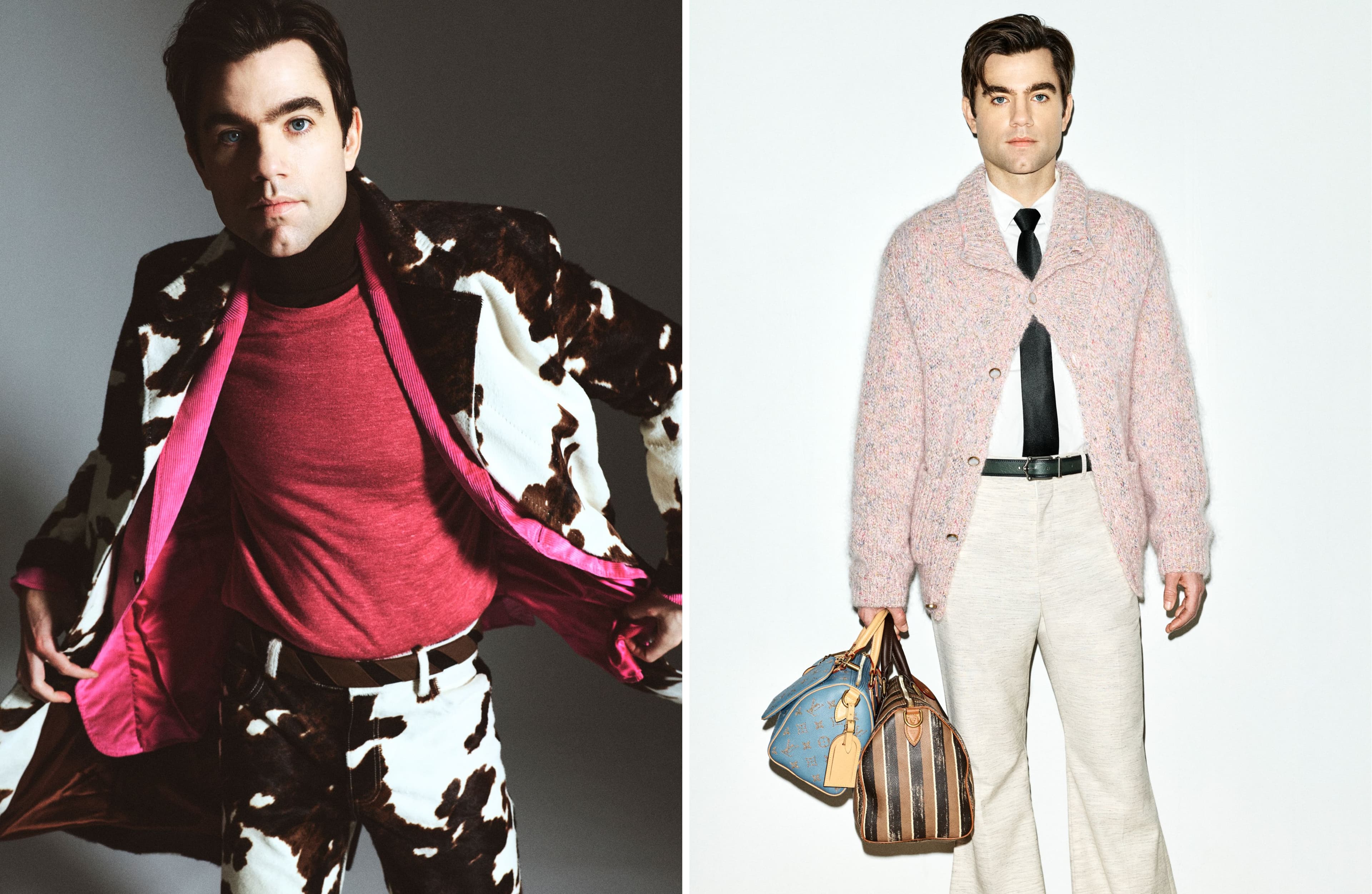 LEFT: All CLOTHING by Gabriela Hearst. RIGHT: All CLOTHING and ACCESSORIES by Louis Vuitton