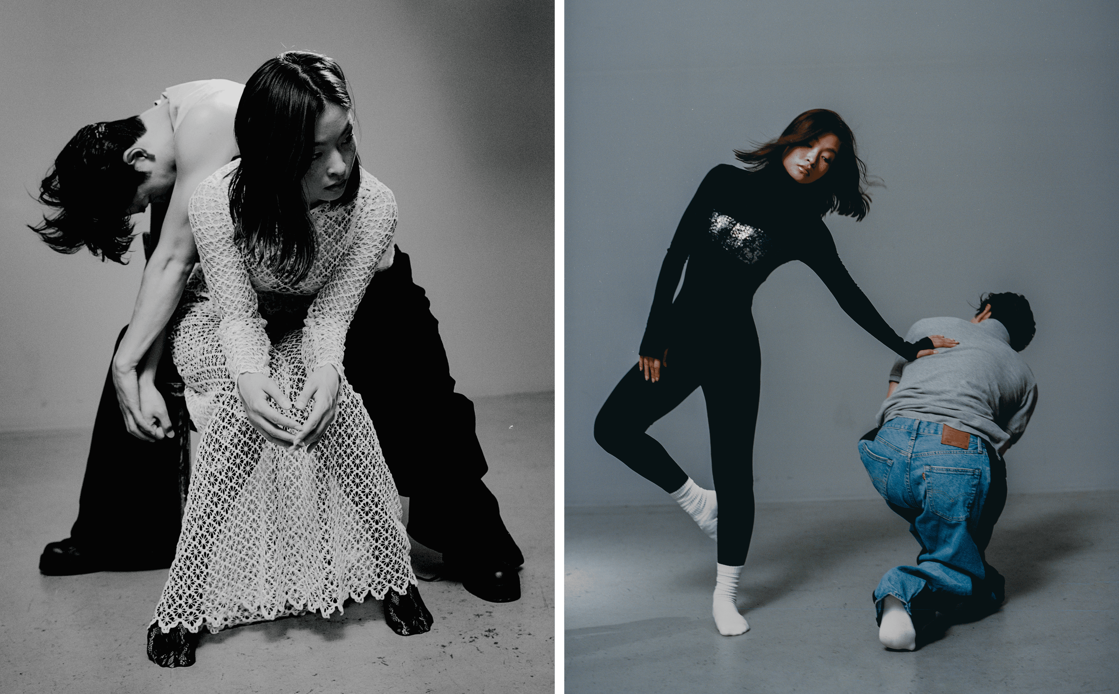 LEFT: Maia wears DRESS and TIGHTS by Isabel Marant. BRA by Araks. Alex wears TOP by Malcolm D. Costa. PANTS by Coach. SHOES by Yohji Yamamoto. RIGHT: Maia wears CATSUIT by Norma Kamali. BRA by Malcolm D. Costa. Alex wears TOP by Polo Ralph Lauren. PANTS by Bless.