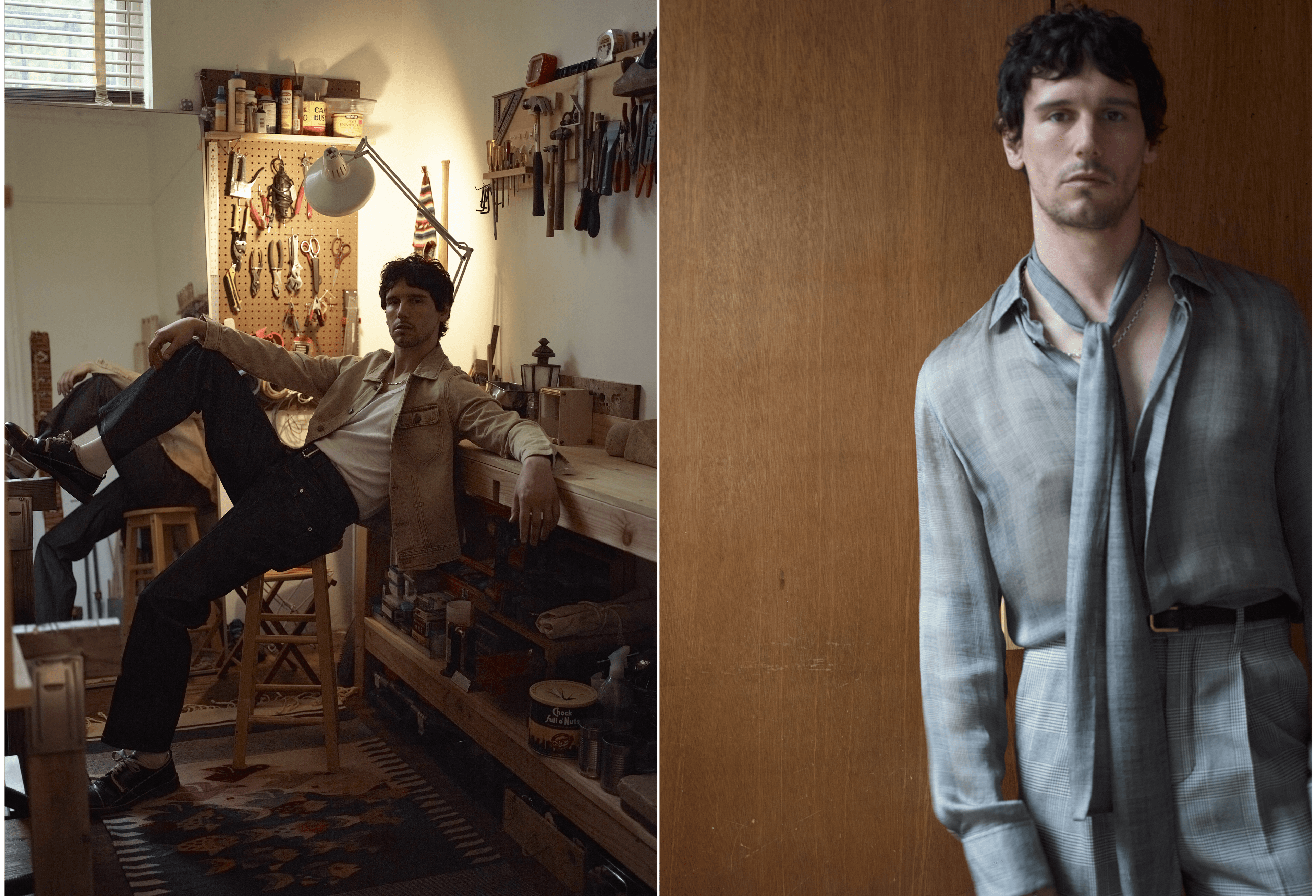 LEFT: JACKET by ,Carter Young. ,SHIRT, SHOES, and NECKLACE, stylist’s own. PANTS by ,Kyle’Lyk. ,RIGHT: All CLOTHING by ,Saint Laurent.