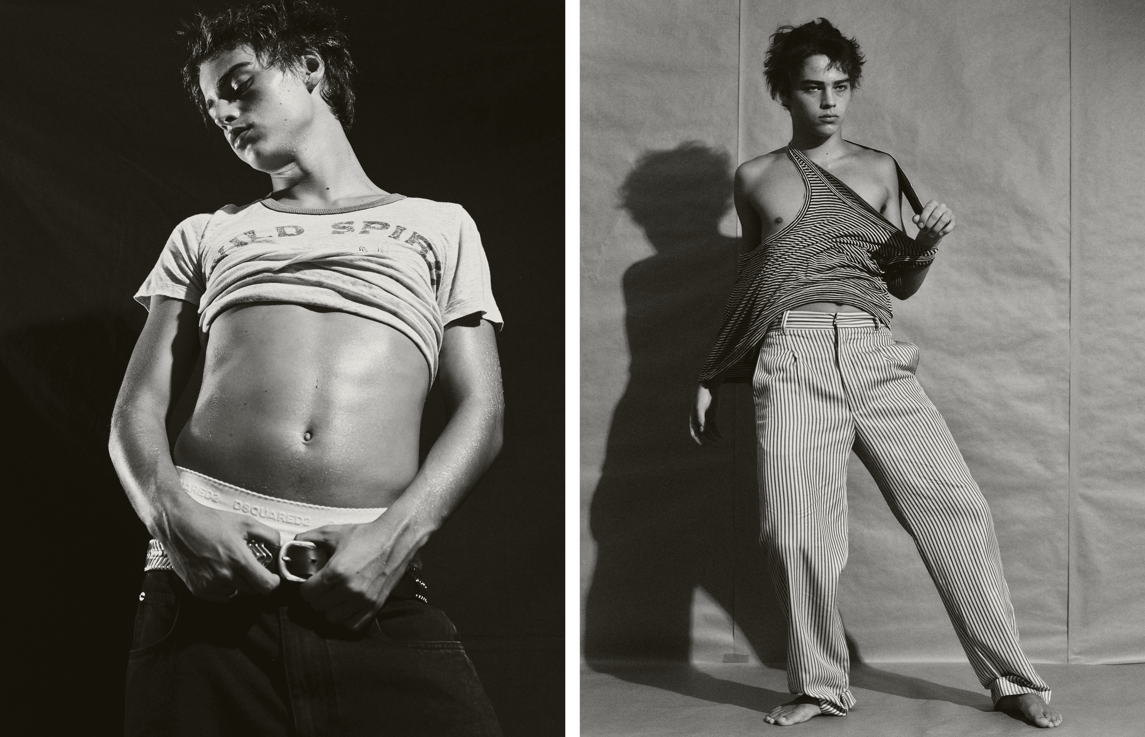 LEFT: All CLOTHING and BELT by ,Isabel Marant. ,BRIEFS by ,Dsquared2. ,RIGHT: TOP by ,Isabel Marant. ,PANTS by ,Carlota Barrera.