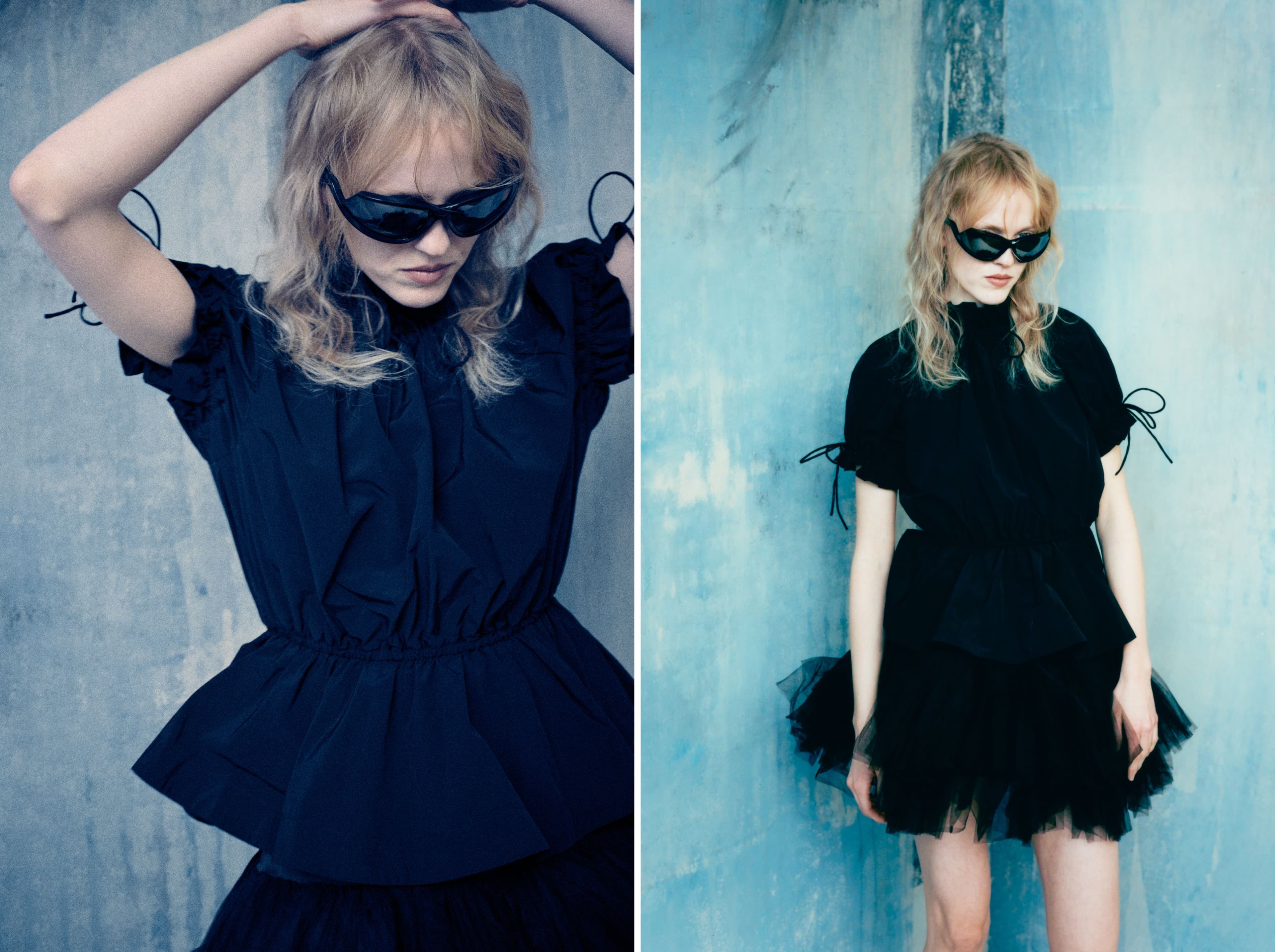 All CLOTHING by Aknvas; SUNGLASSES by Balenciaga