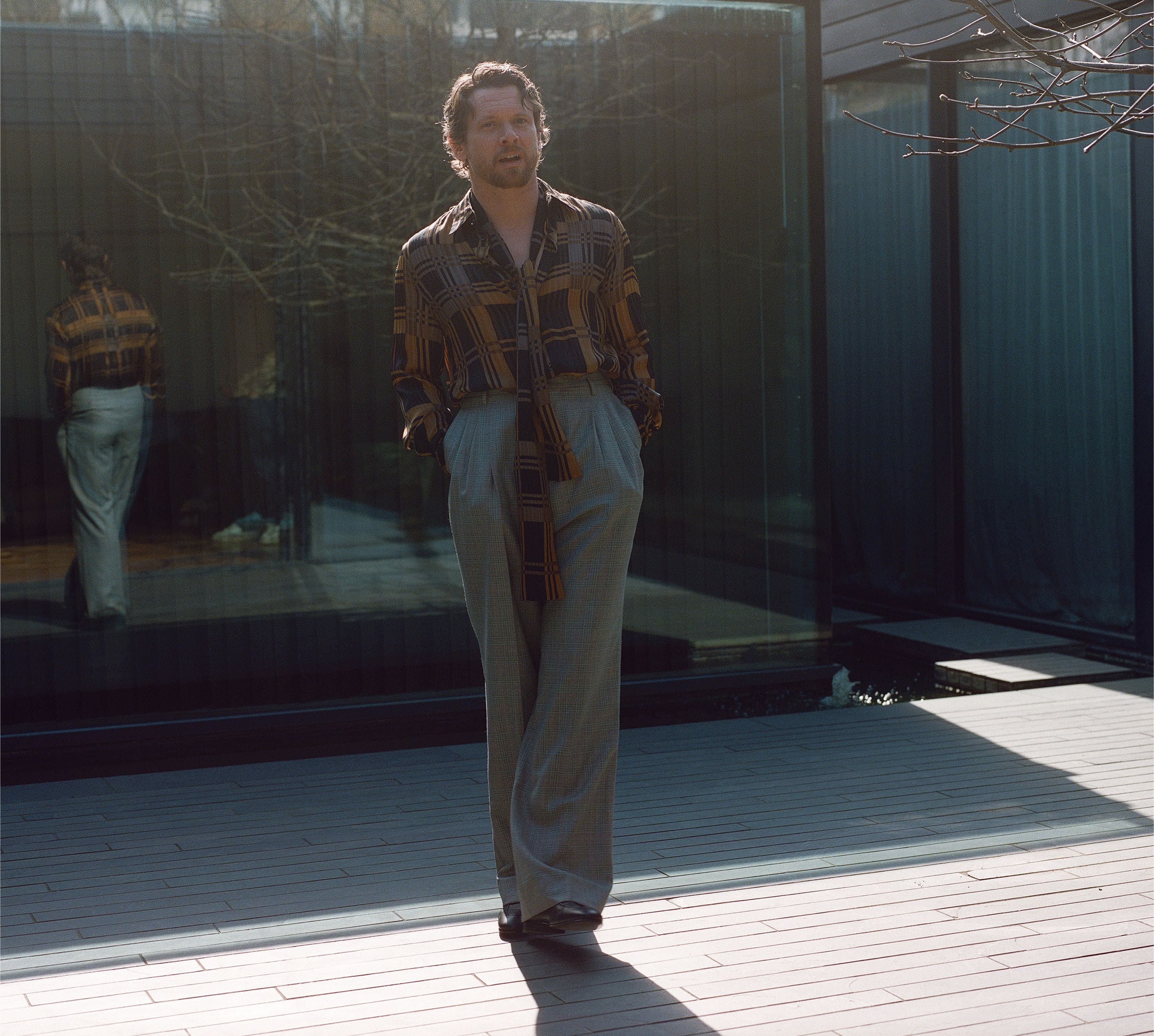 TOP and TIE by ,Saint Laurent,. PANTS by ,Paul Smith. ,SHOES by ,Manolo Blahnik.