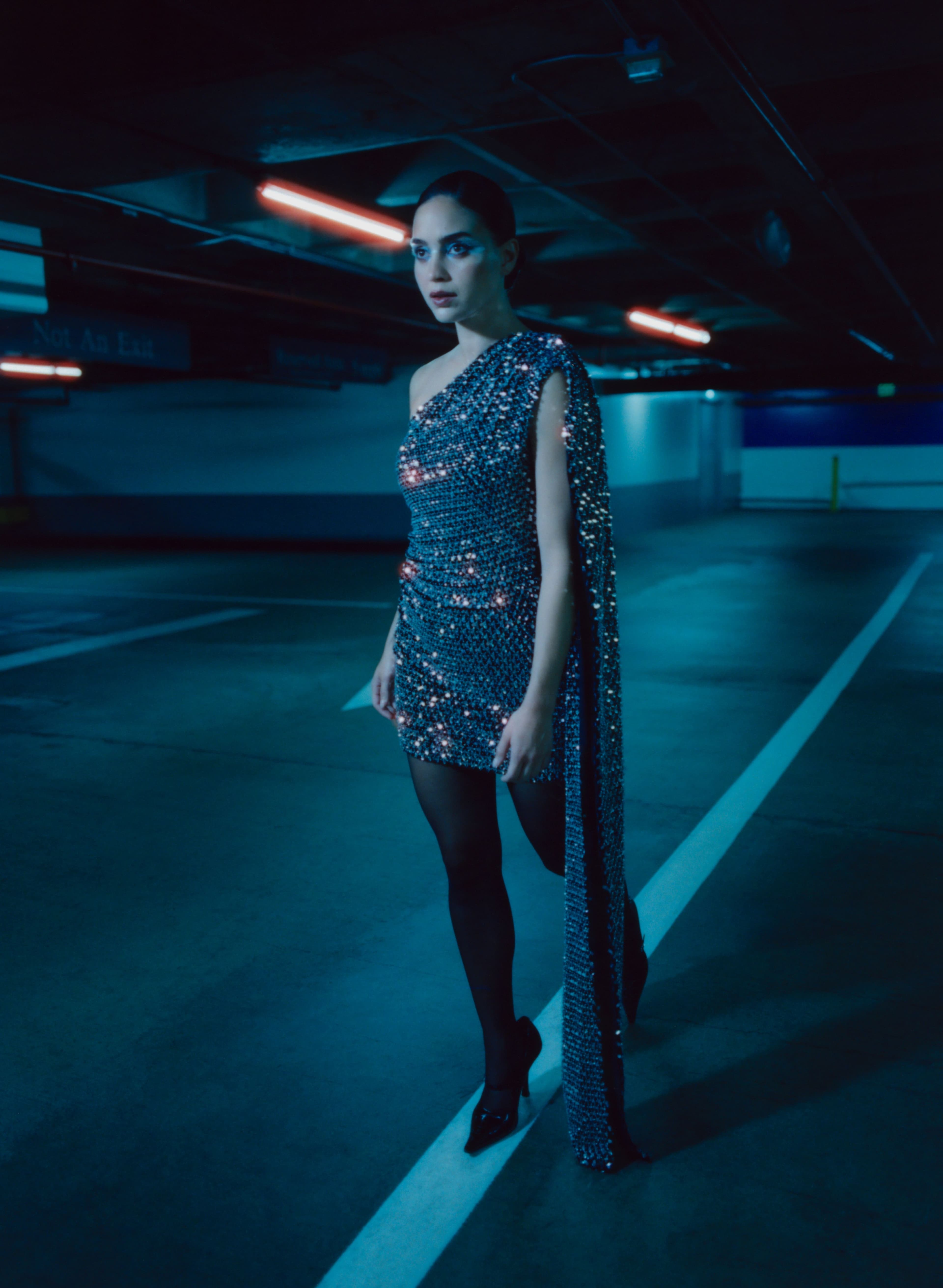 DRESS by Ila. TIGHTS by Falke. SHOES by Stella McCartney.