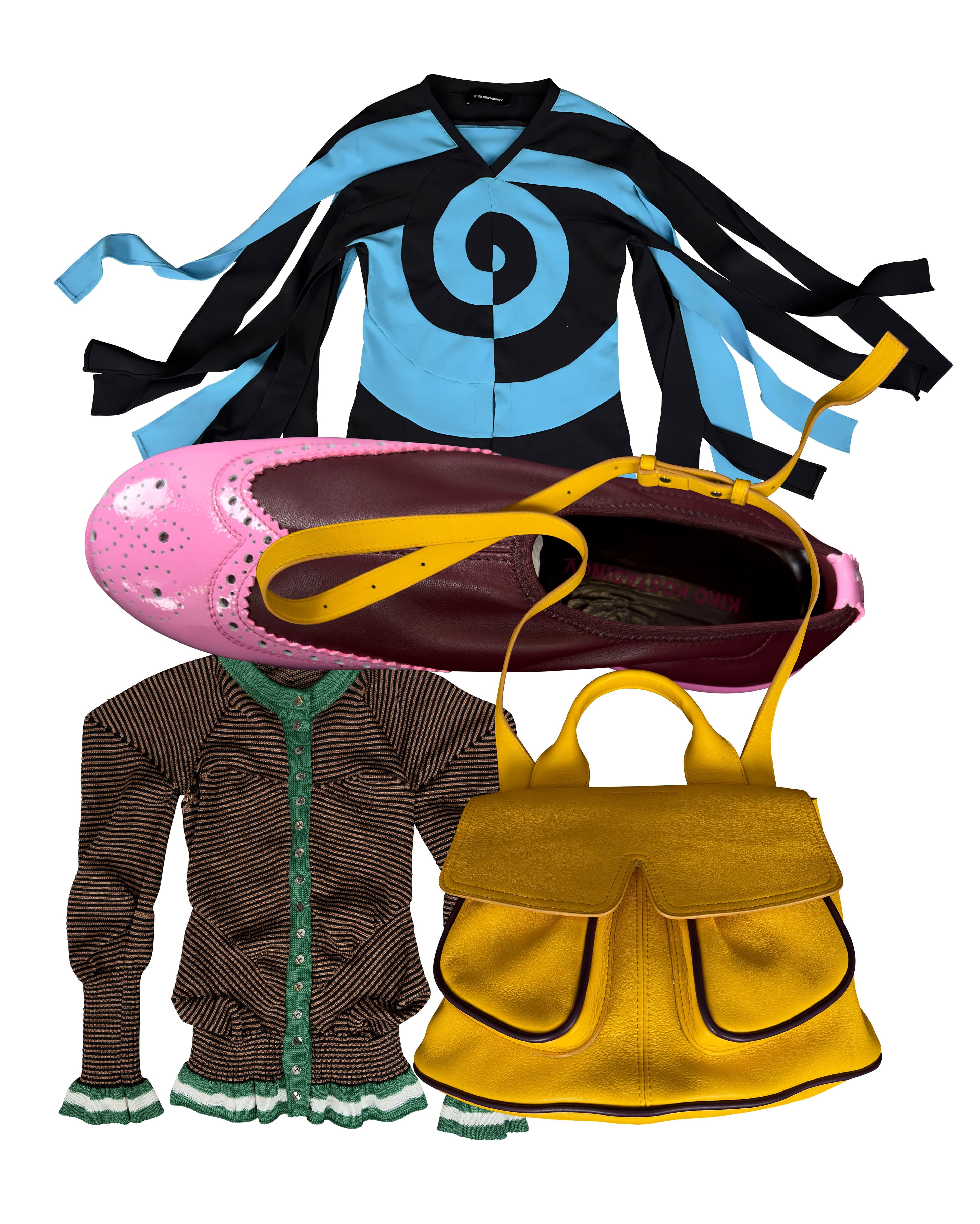 FROM TOP: PINTORI SLASH TOP, Spring ’20; SONIA BROGUES, Spring ’23; TOPOGRAPHIC CARDIGAN, Spring ’20; PETITE MEZULARI BAG, Fall ’24