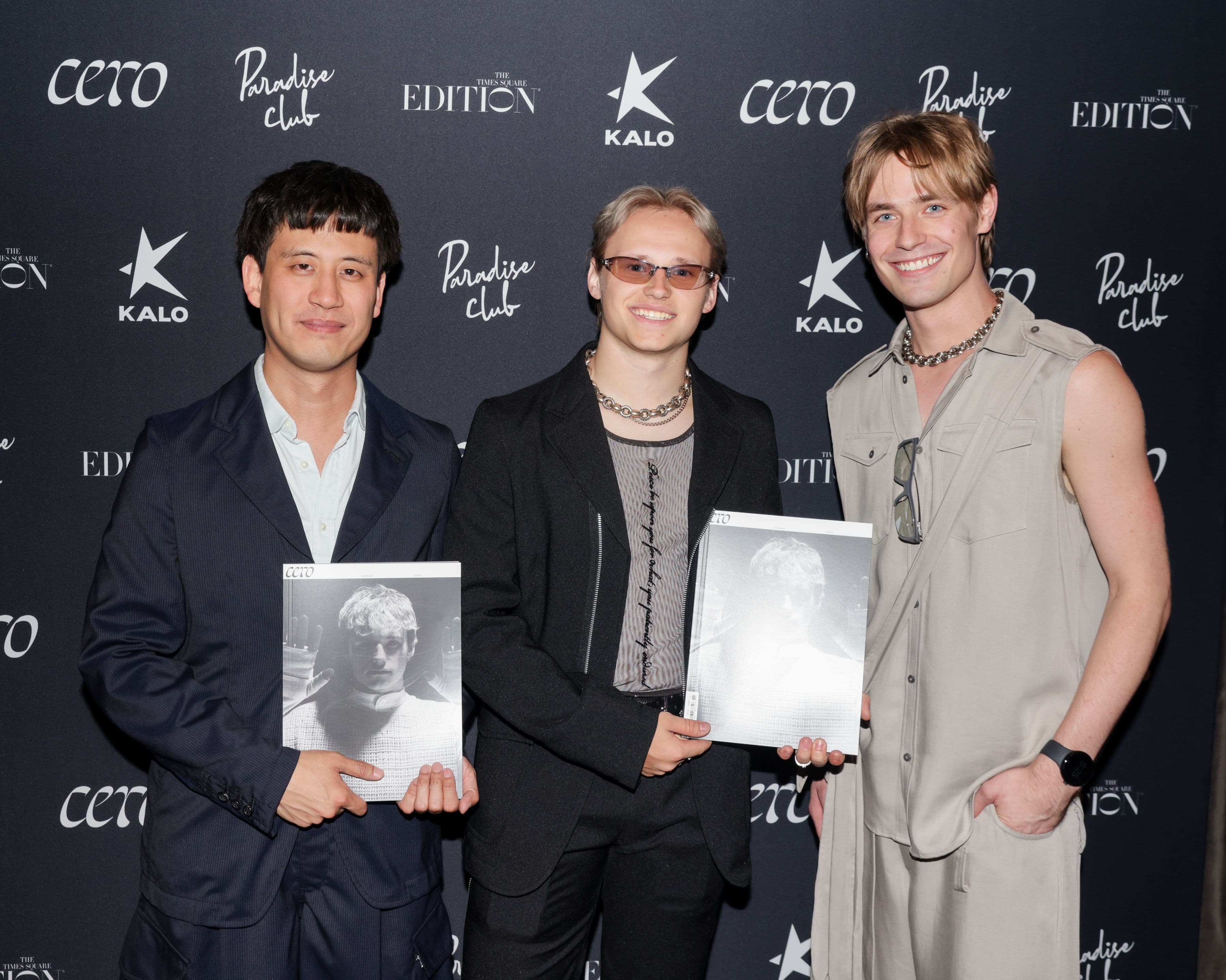 Ilia Malinin and the Cero editors hold the latest issue at the fifth anniversary celebration.