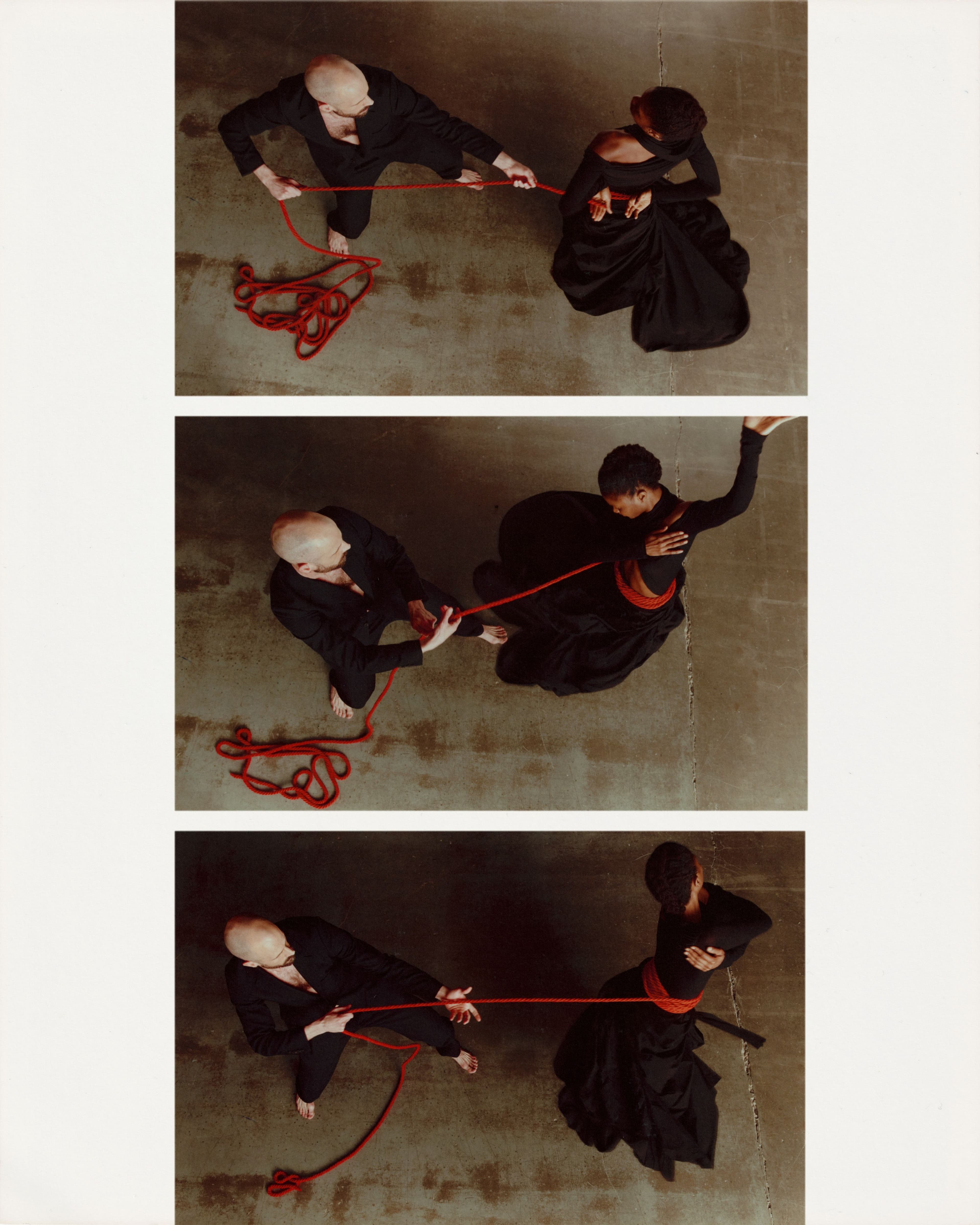 FROM LEFT: Christopher wears SUIT by ,Dries Van Noten. ,Lucieny wears TOP and SKIRT by ,Yohji Yamamoto.