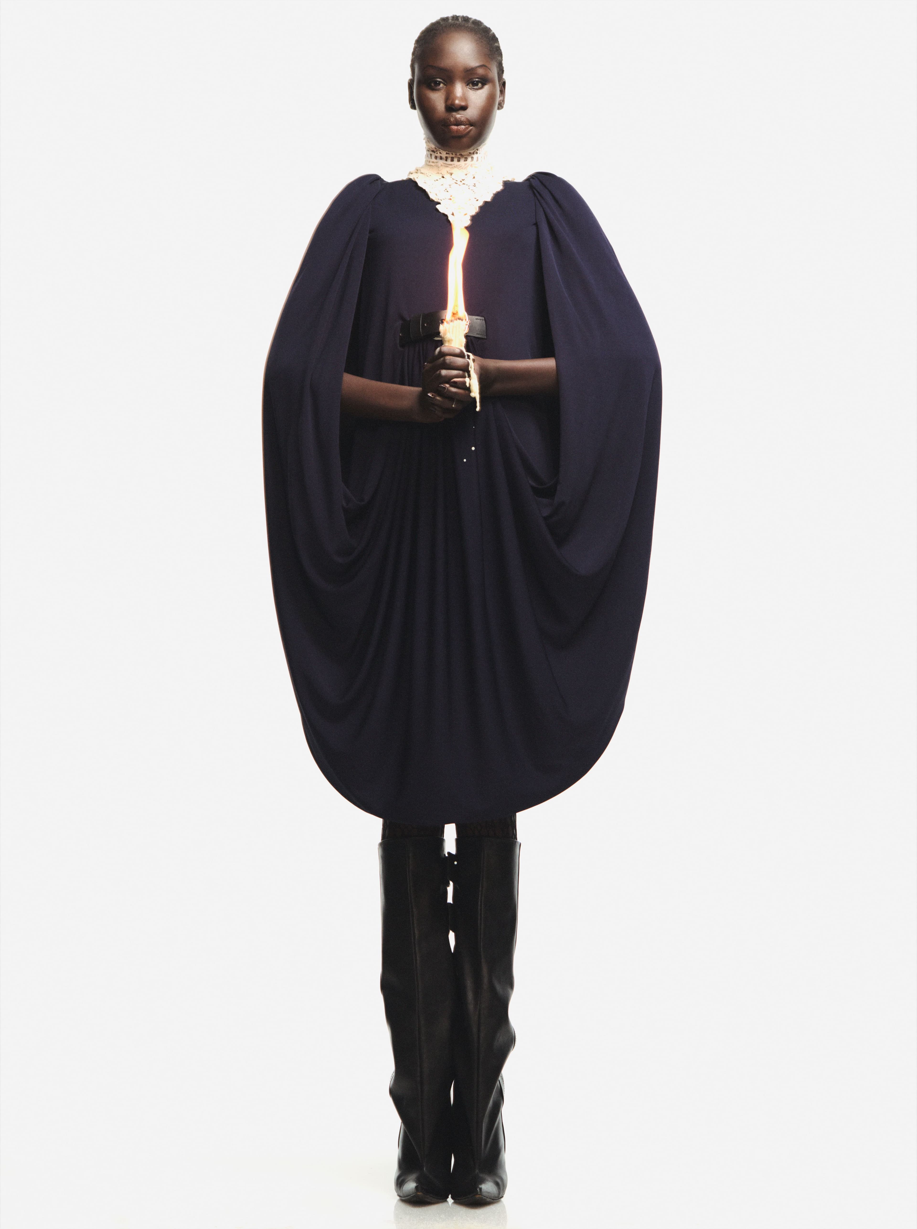 DRESS by ,Loewe., TIGHTS by ,Falke., Vintage BOOTS from the Albright Fashion Library.