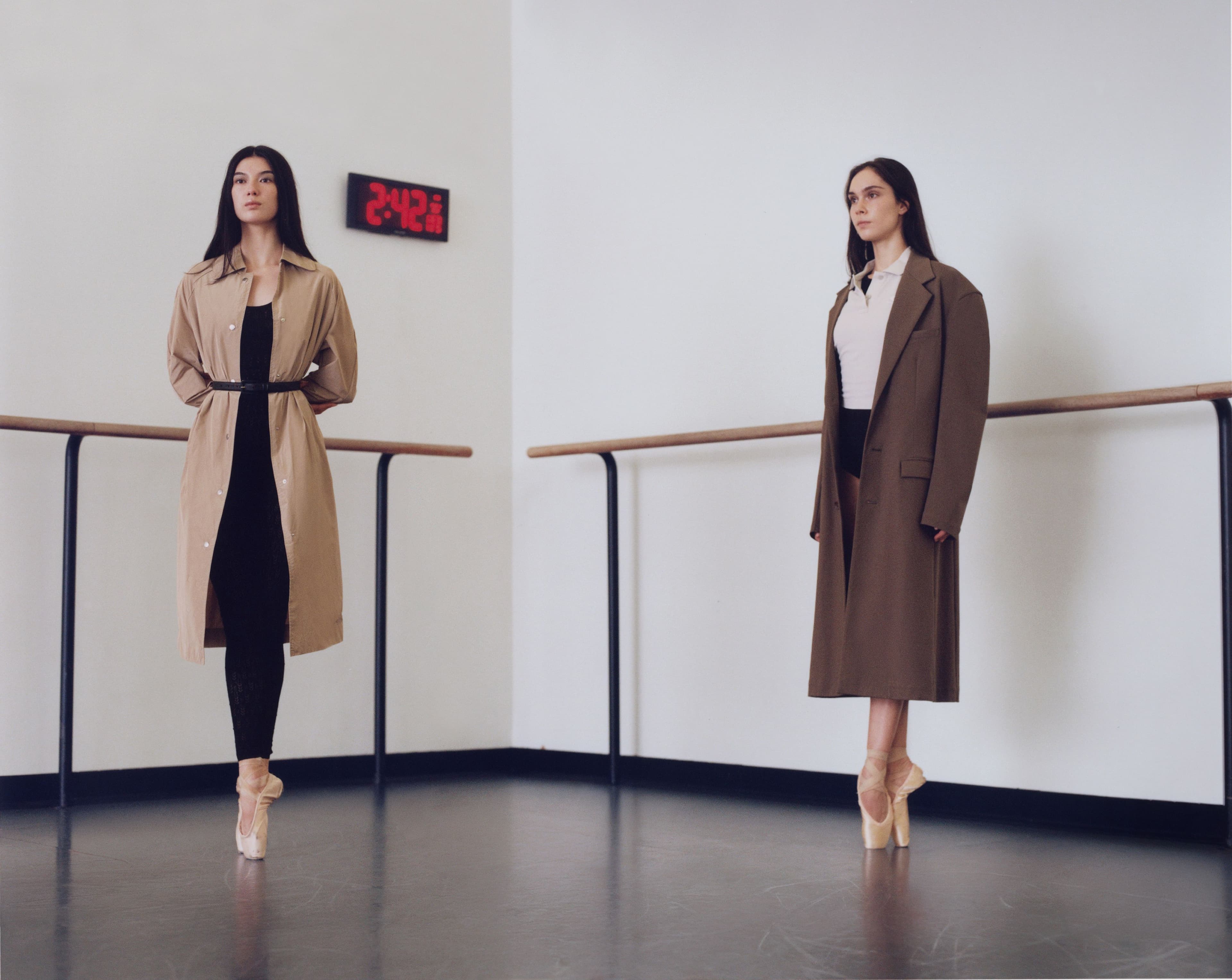 FROM LEFT: Misseldine wears COAT by Leset; BODYSUIT by Ely Ely; BELT, stylist’s own. Nadon wears COAT by Issey Miyake; TOP by Balenciaga; BODYSUIT by Ely Ely.
