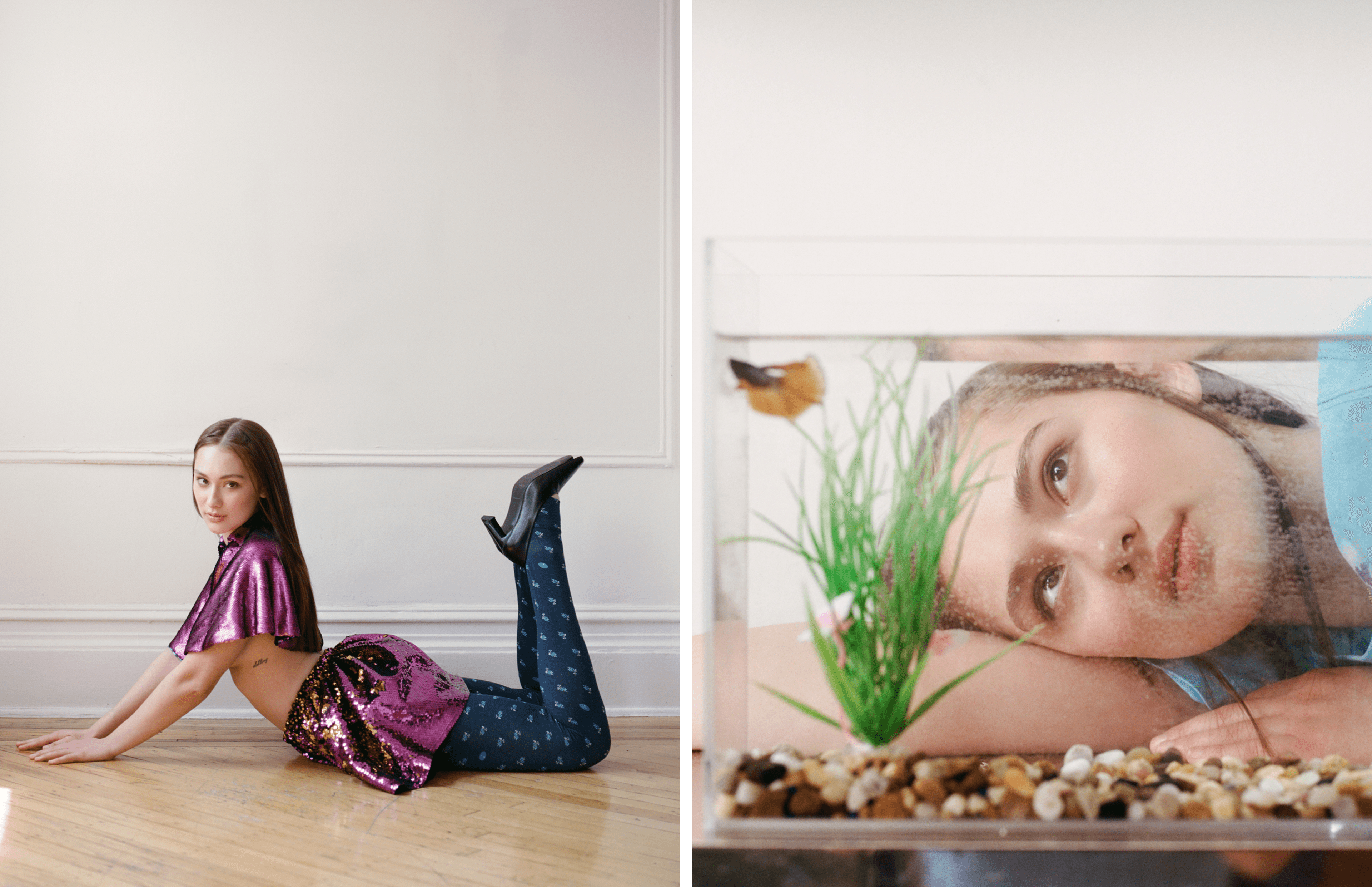 LEFT: CAPE and SKIRT by ,Batsheva., PANTS by ,Sandy Liang. ,SHOES by ,Flattered,. RIGHT: T-SHIRT by ,Versace.