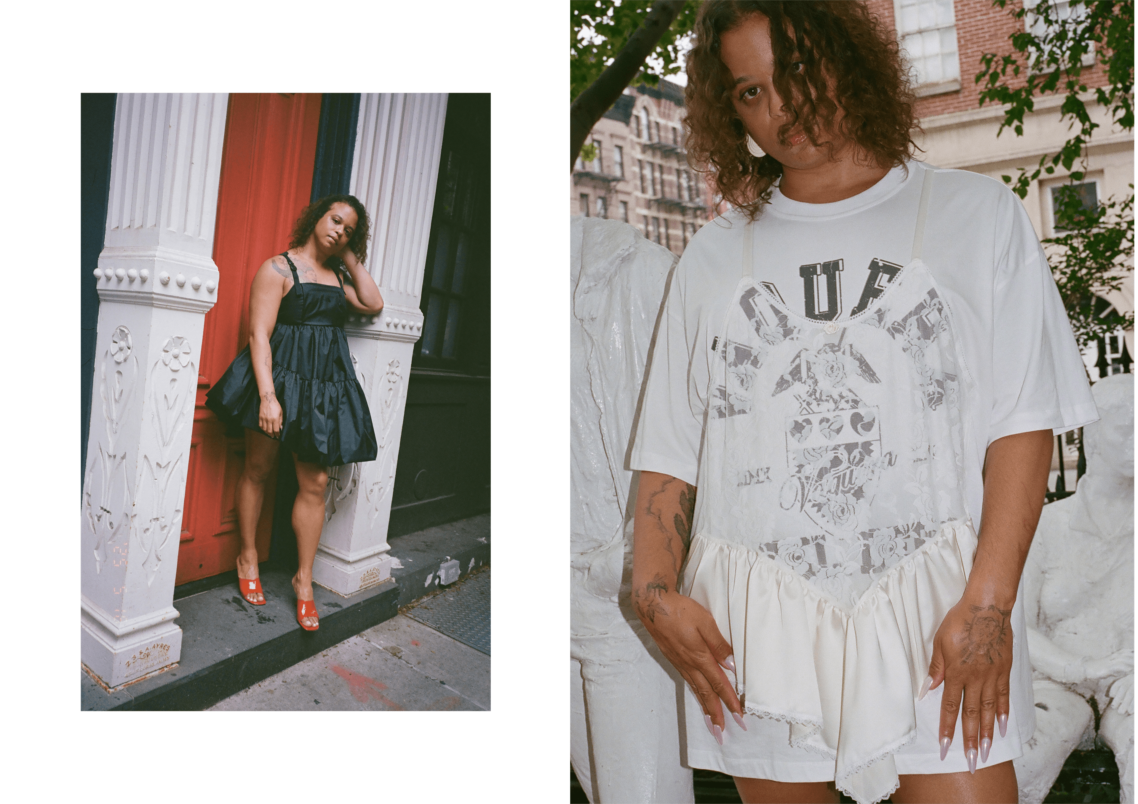 DRESS by ,The North Face x Cecilie Bahnsen., SHOES by ,Raye. ,RIGHT: DRESS by ,Vaquera.