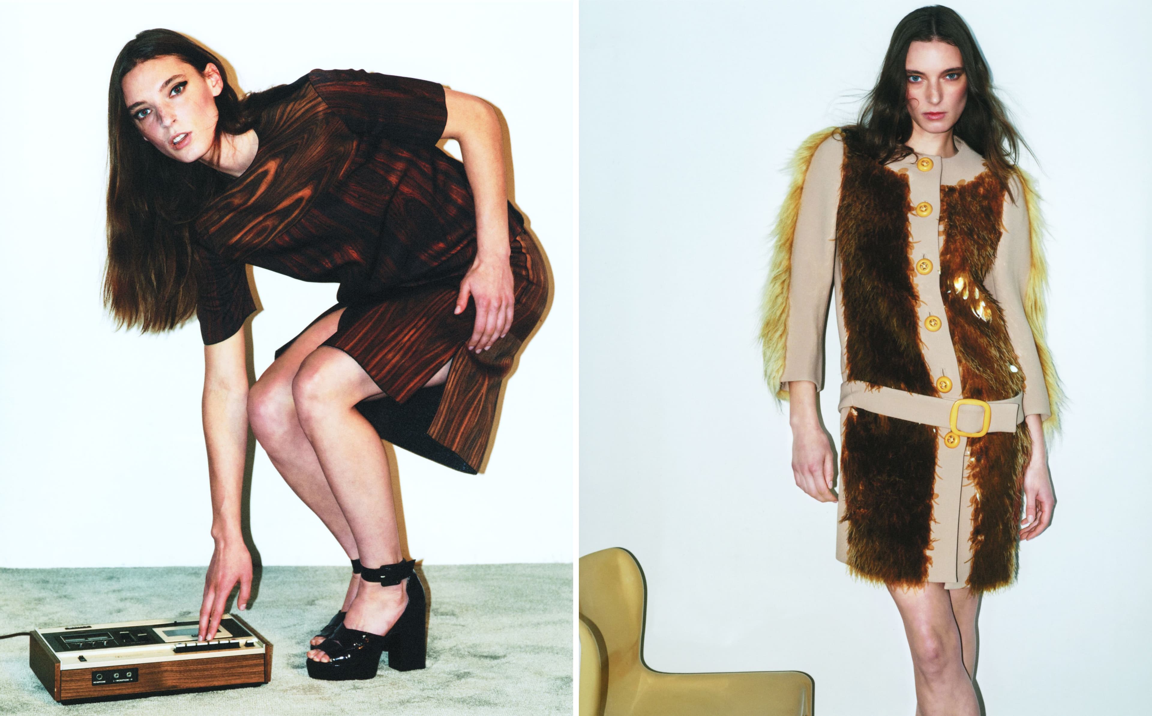 LEFT: All vintage CLOTHING by Céline by Phoebe Philo, Fall 2011, look 20; vintage SHOES by Pierre Hardy from Albright Fashion Library. RIGHT: Vintage COAT by Prada by Miuccia Prada, Fall 2011, look 29.