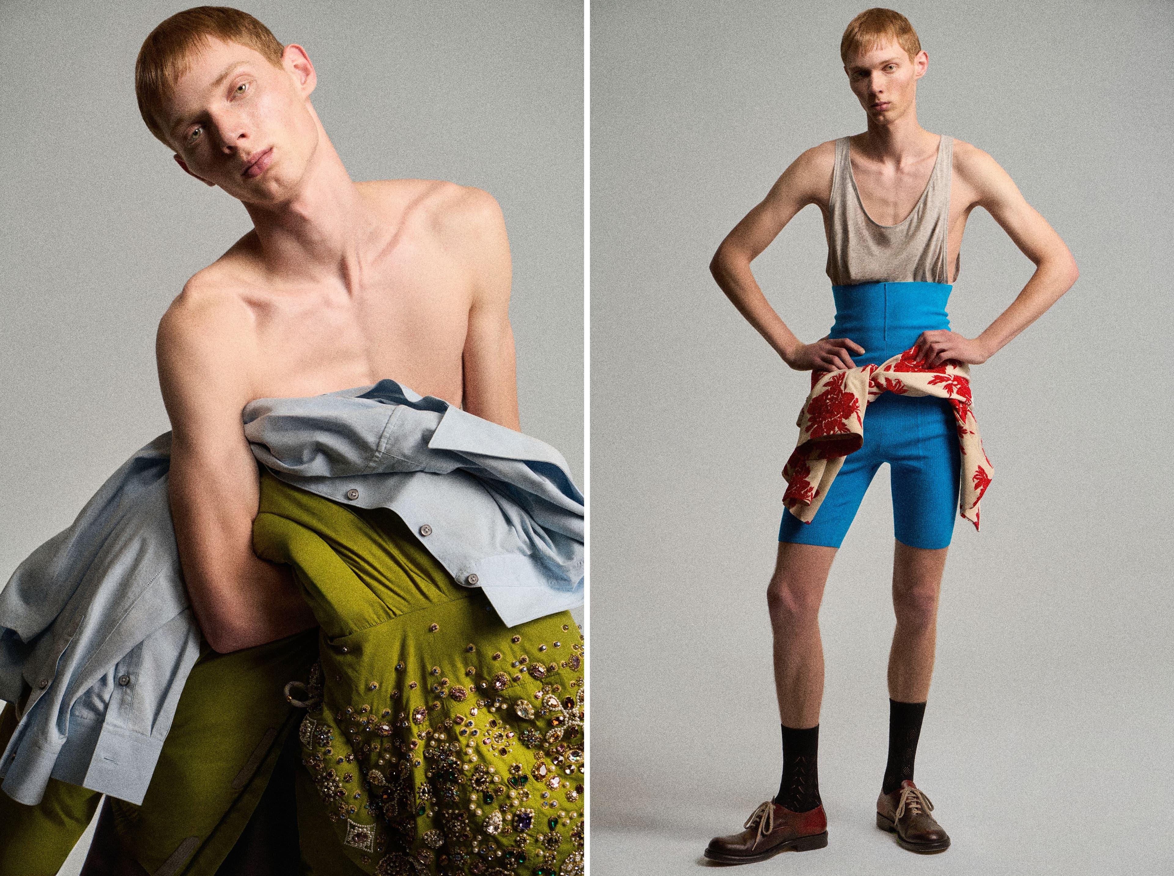 LEFT: All CLOTHING by Louis Vuitton. RIGHT: All CLOTHING and ACCESSORIES by Dries Van Noten.