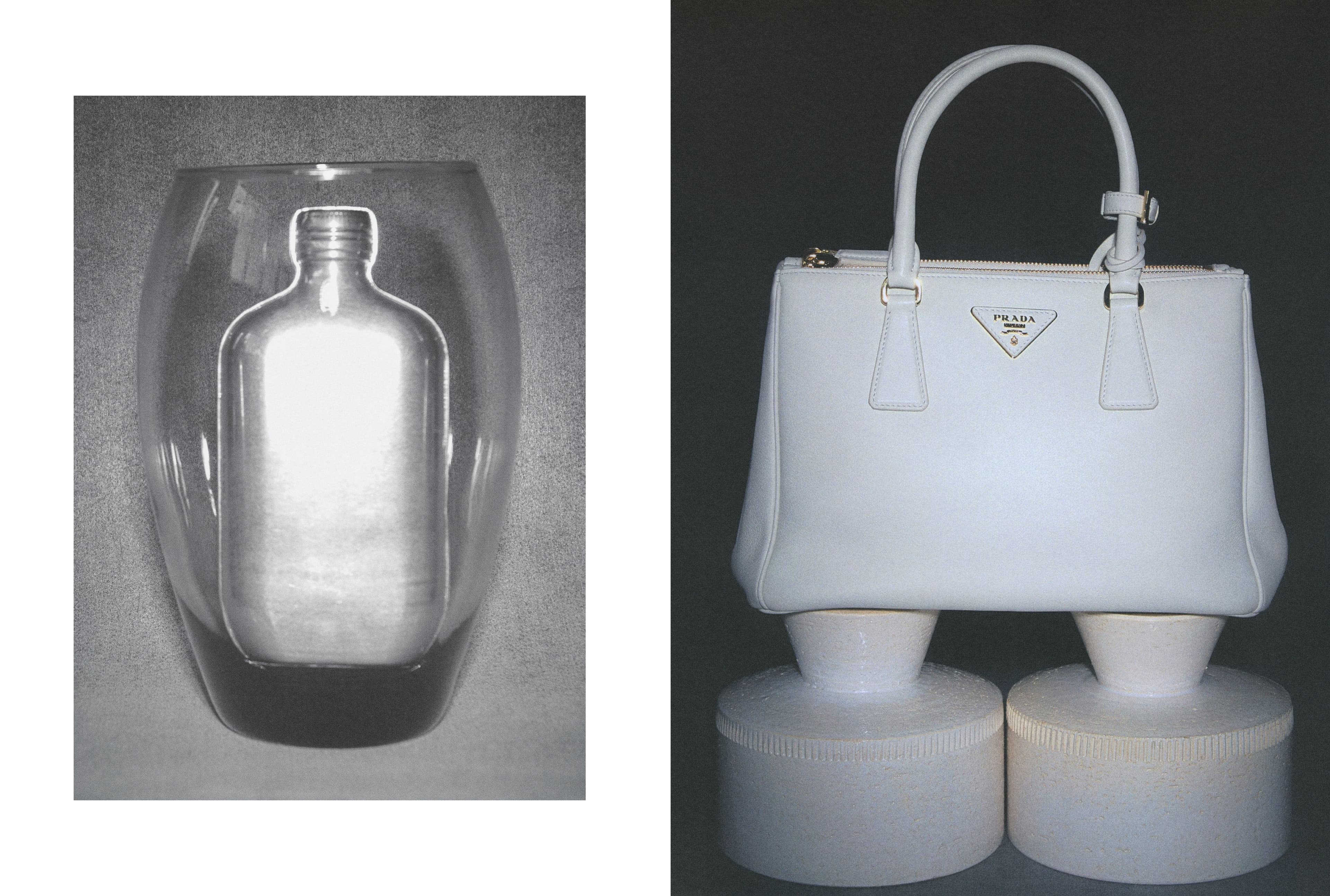 LEFT: BAG by Calvin Klein Collection; VASE from Appartement Témoin. RIGHT: BAG by Prada; SCULPTURES from Appartement Témoin.