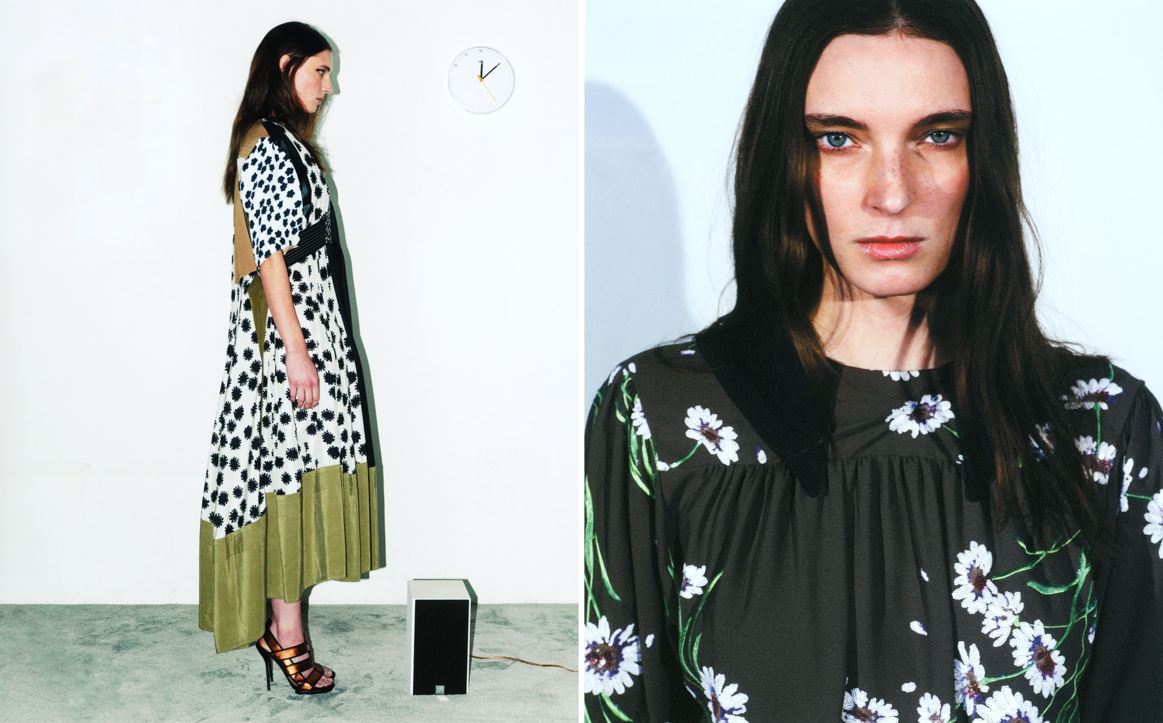 LEFT: Vintage DRESS by Balenciaga by Nicolas Ghesquière, Spring 2012, look 28; vintage SHOES by Gucci by Tom Ford from Albright Fashion Library. RIGHT: Vintage DRESS by Miu Miu by Miuccia Prada, Fall 2011, look 8.