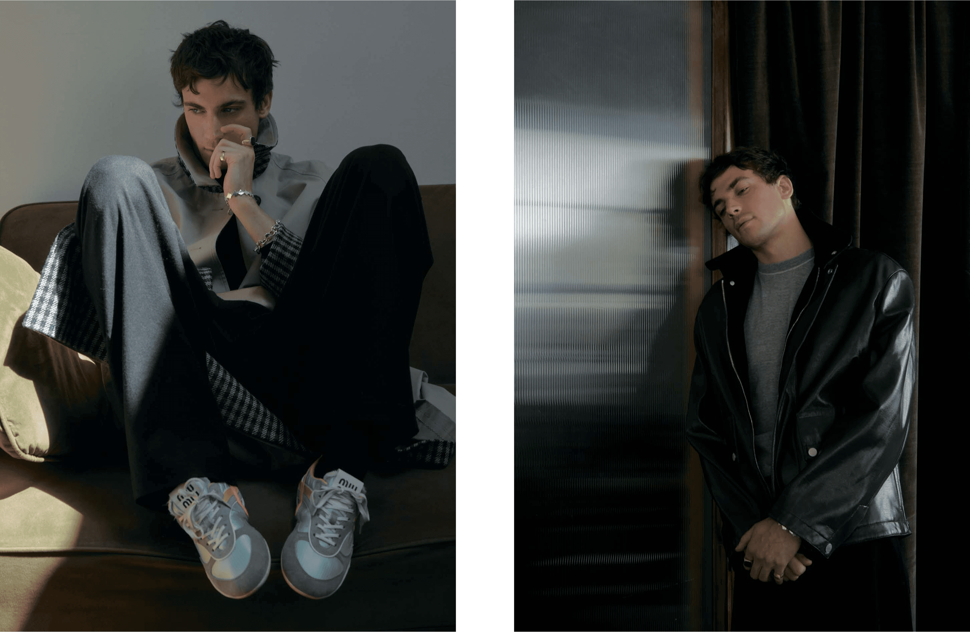 LEFT: All CLOTHING and SHOES by ,Miu Miu. ,RIGHT: JACKET and PANTS by ,Hermès,. TOP by ,Miu Miu,.