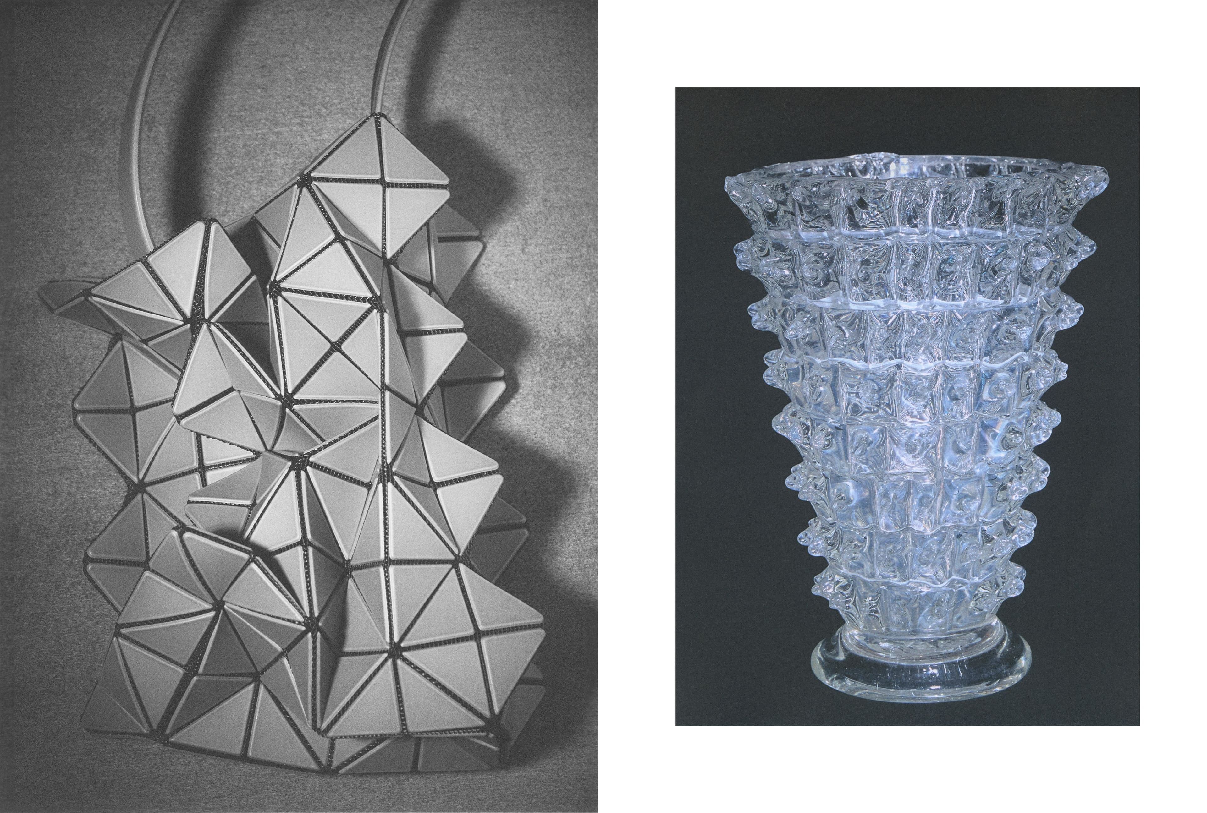 LEFT: BAG by Bao Bao Issey Miyake. RIGHT: VASE from Appartement Témoin.