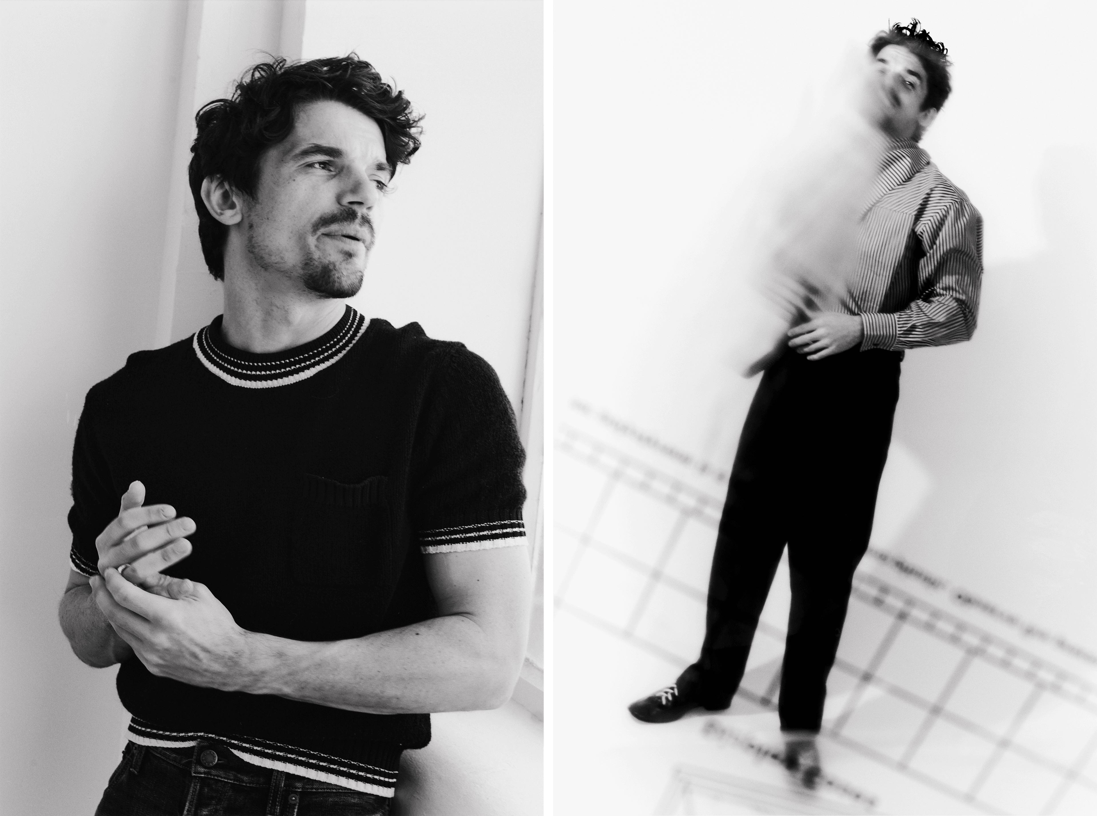 LEFT—All CLOTHING by Prada. RIGHT—SHIRT and PANTS by AMI Paris. BELT by R.M.Williams..