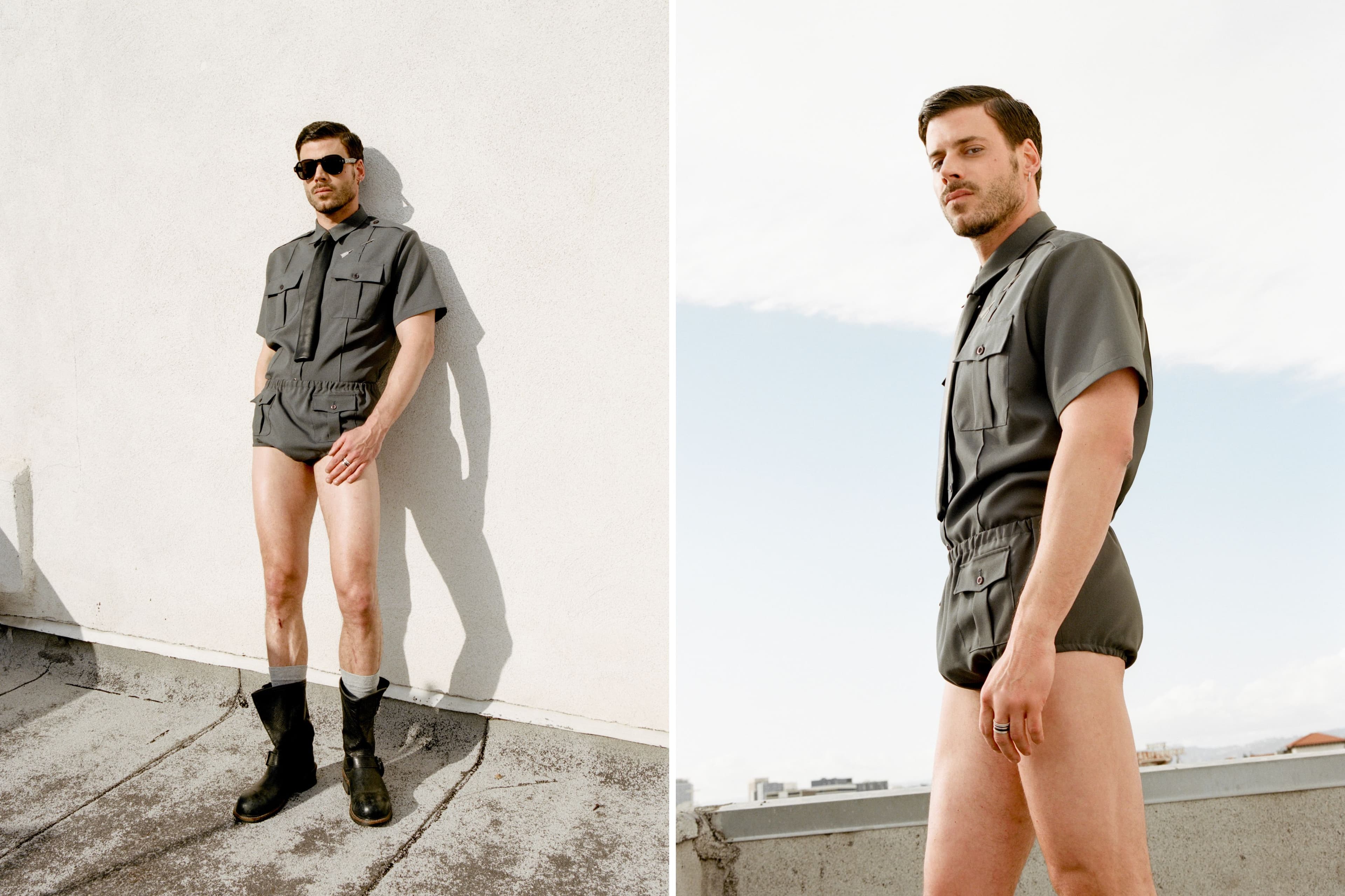 All CLOTHING by Prada; SUNGLASSES by Jacques Marie Mage; TIE by Atelier 7474; SOCKS, stylist’s own; BOOTS by Pskaufman; EARRINGS, Arnaud’s own; EARRING, worn as brooch, by Boucheron