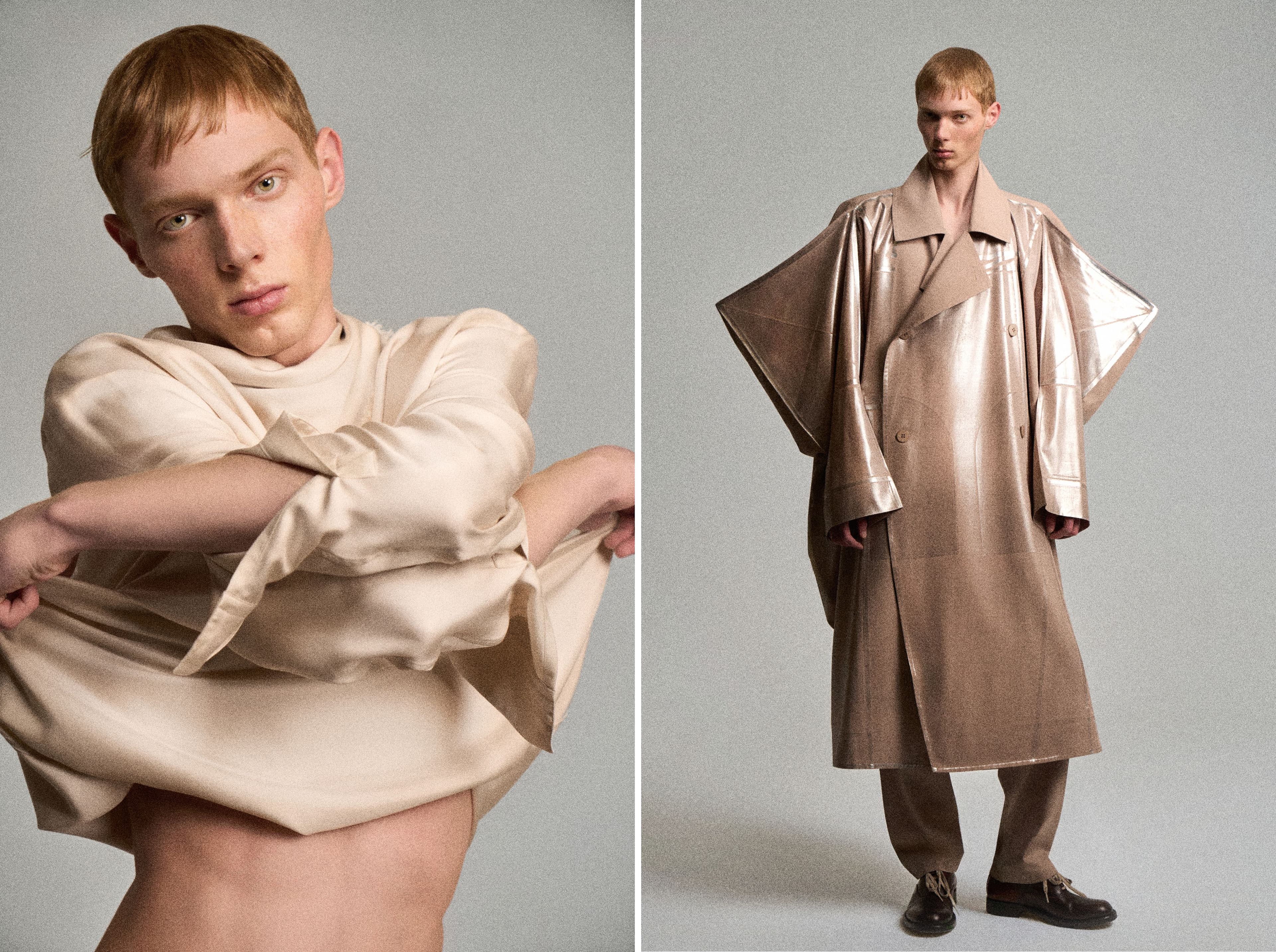 LEFT: SHIRT by Hermès. RIGHT: All CLOTHING by Issey Miyake; SHOES by Dries Van Noten.