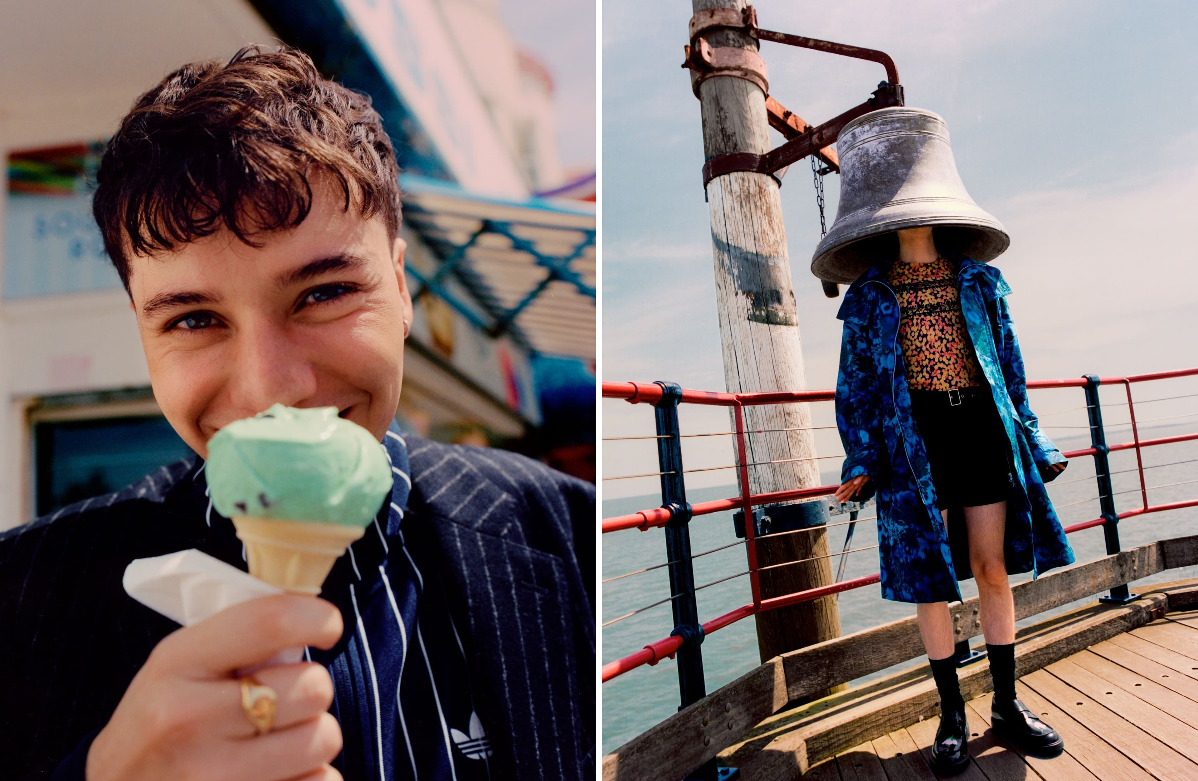 LEFT: JACKET by Hermès; JACKET, worn underneath, by Adidas Originals. RIGHT: COAT and SWEATER by Dries Van Noten; SHORTS by Mithridate; SOCKS, stylist’s own; SHOES by Camper.