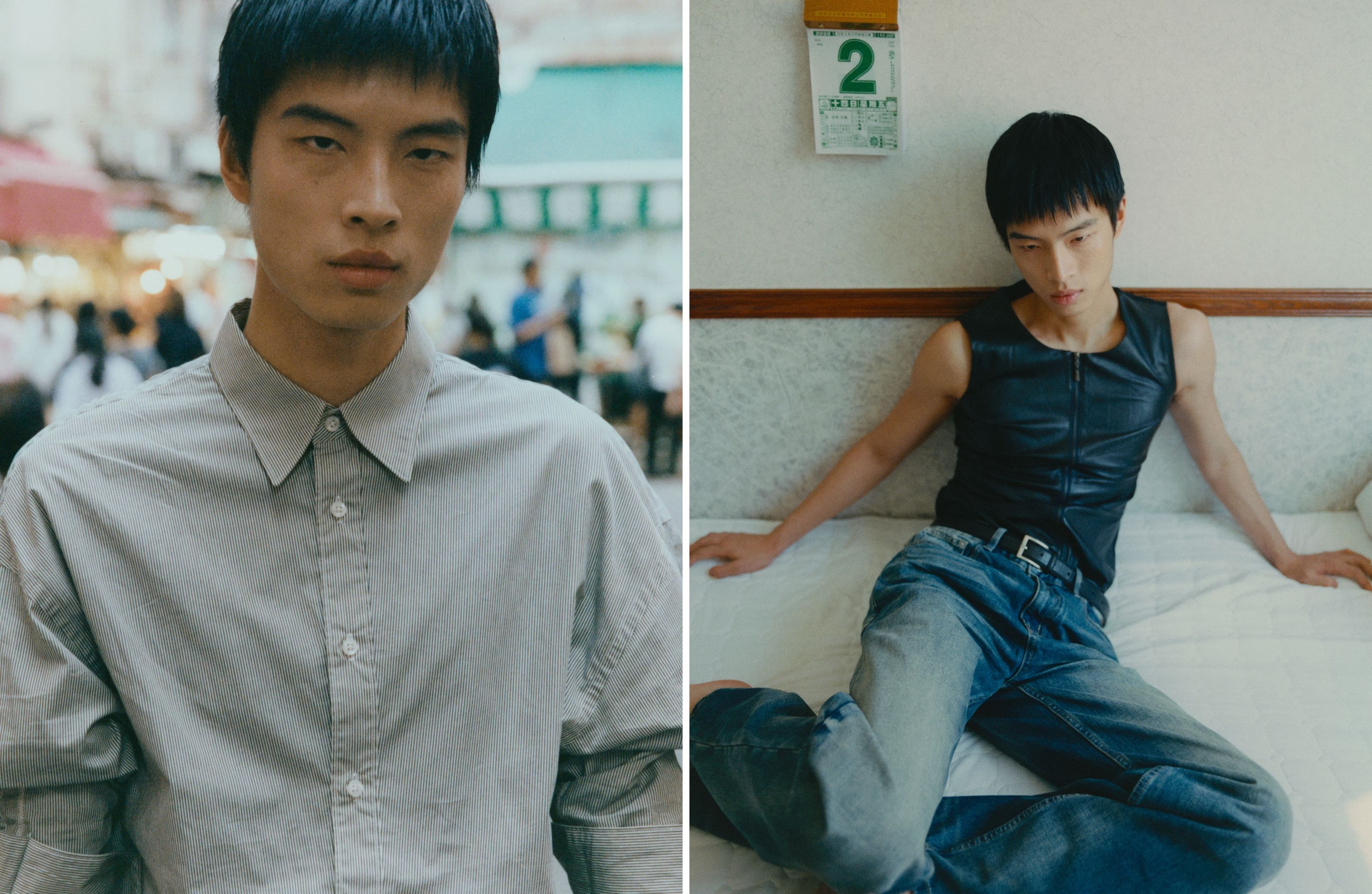 LEFT: SHIRT by Karmuel Young. RIGHT: Vintage SHIRT by Maison Martin Margiela; vintage JEANS by Helmut Lang.