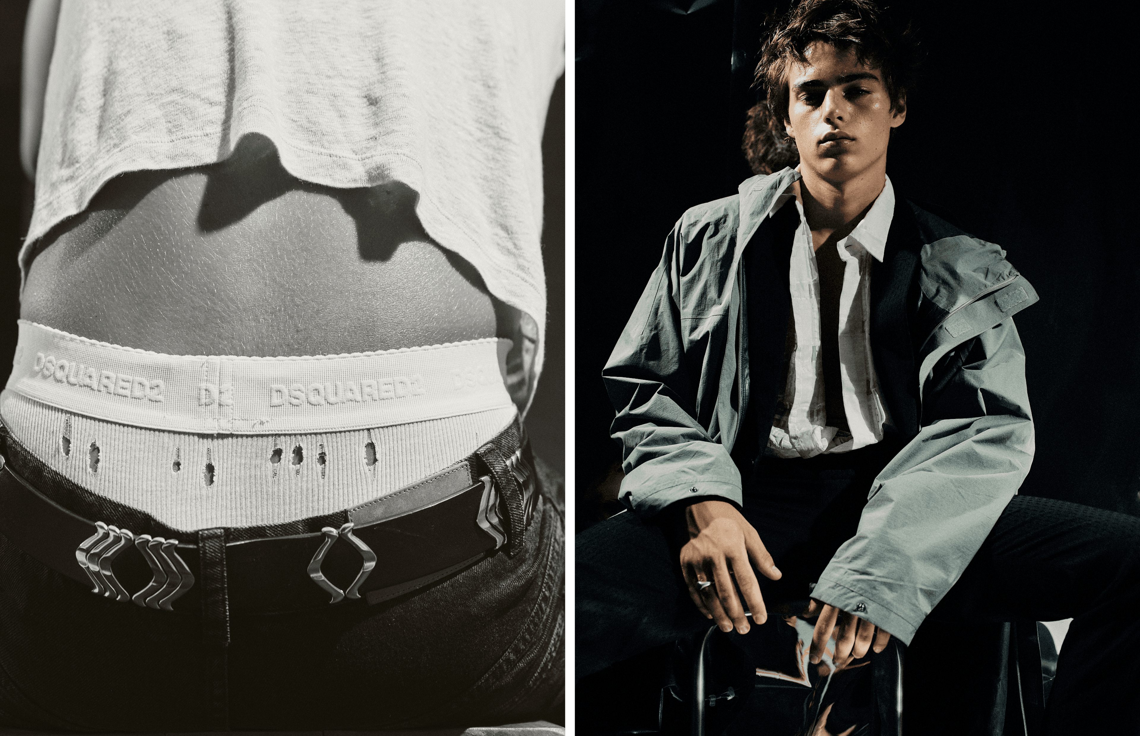 LEFT: All CLOTHING and BELT by ,Isabel Marant., UNDERWEAR by ,Dsquared2. ,RIGHT: COAT by ,Oakley., JACKET, SHIRT, and PANTS by ,Fendi.