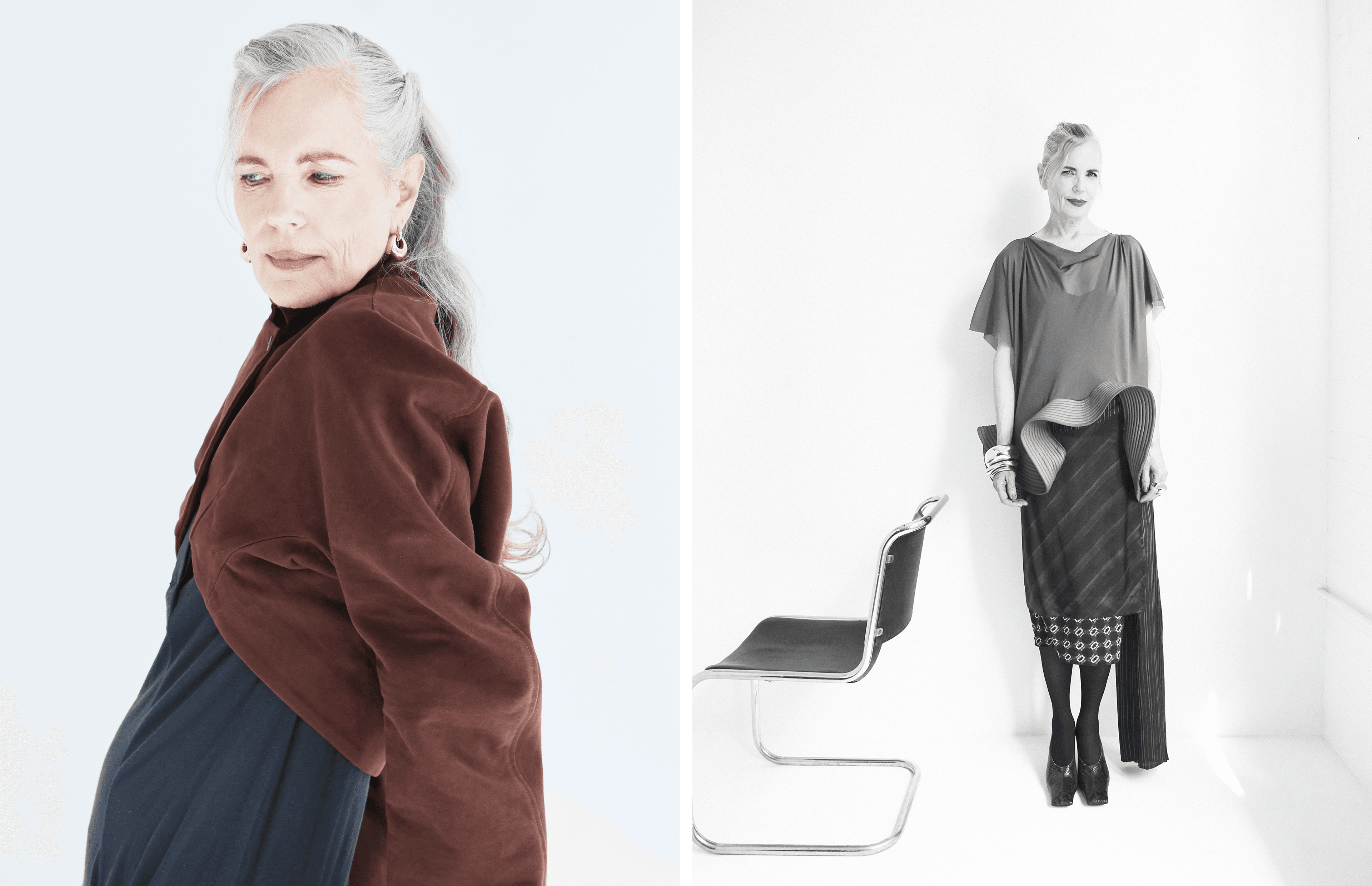LEFT: All CLOTHING and SHOES by ,Tod’s,. All JEWELRY by ,Dévé,. RIGHT: All CLOTHING by ,Dries Van Noten,. TIGHTS by ,Swedish Stockings,. SHOES by ,Stella McCartney,. All JEWELRY by ,Dinosaur Designs.