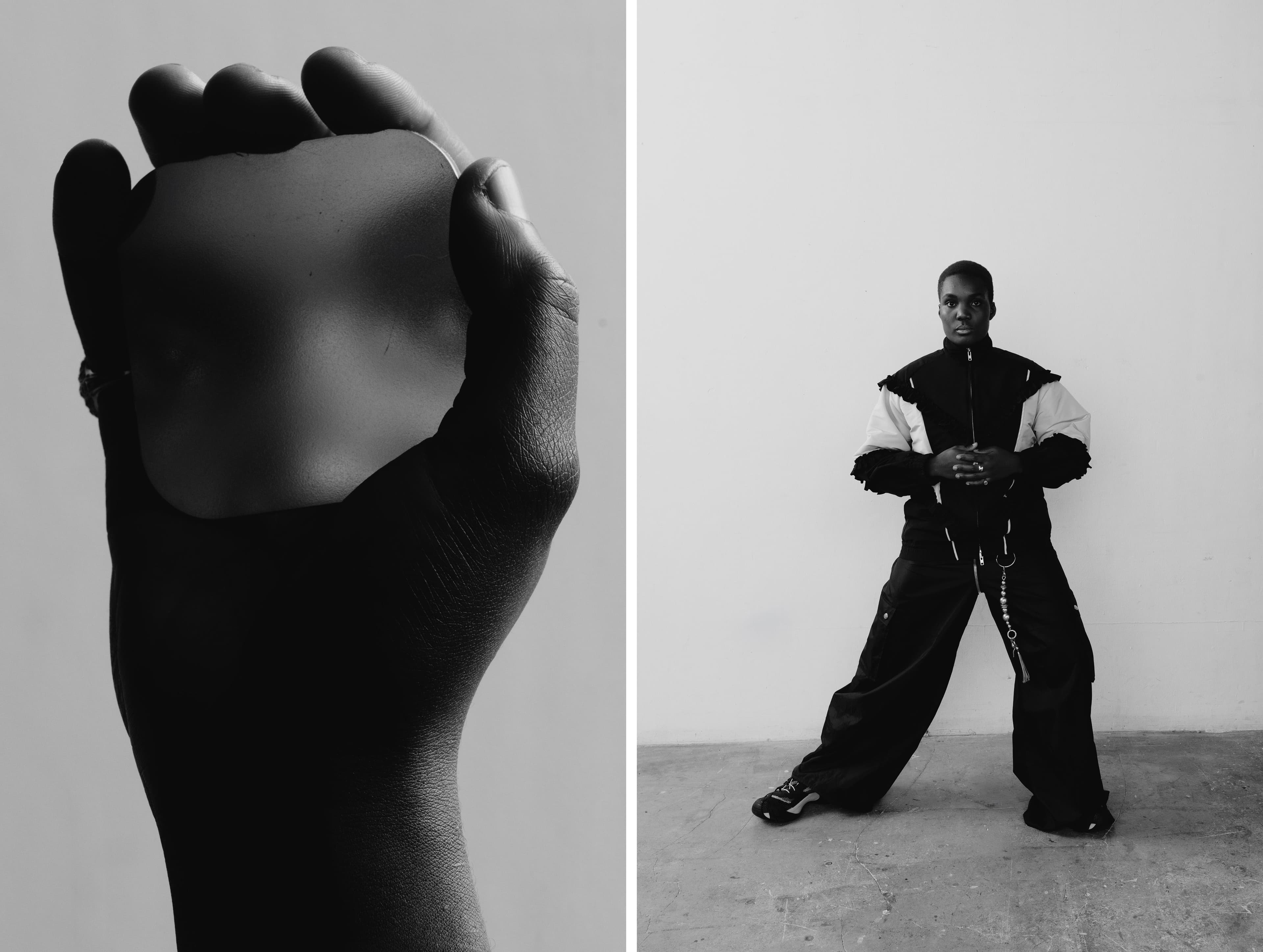 JACKET by Simone Rocha; PANTS by Viktoria Zuziak; SHOES by Camperlab; RINGS by CC-Steding; CHAIN by Catarina Dias Silva