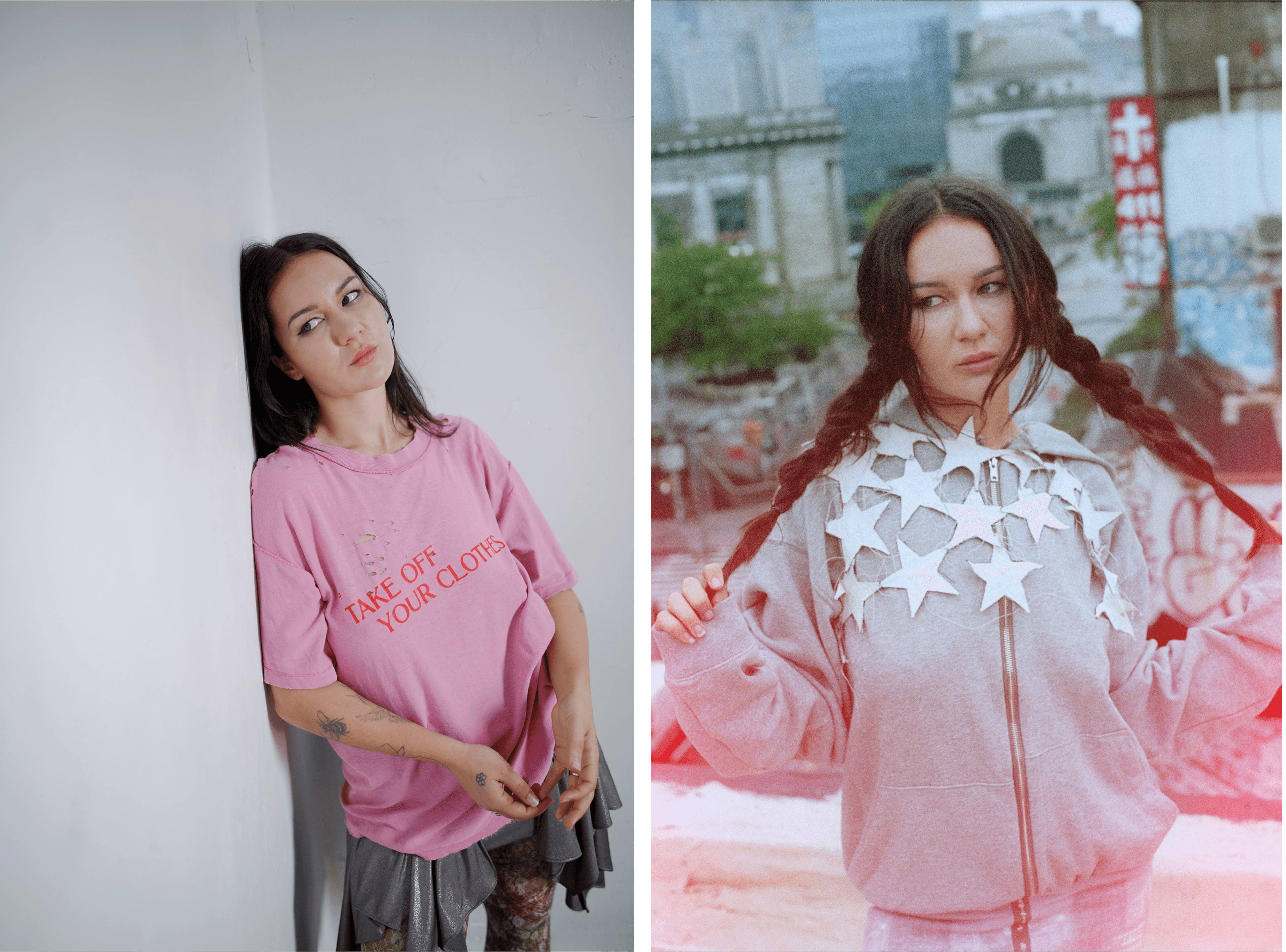 LEFT: T-SHIRT by ,Emily Dawn Long., SKIRT by ,Collina Strada., TIGHTS by ,Taottao., RIGHT: VEST by ,Sam Finger., DRESS by ,Iseder. ,TIGHTS by ,Grimstargirl.