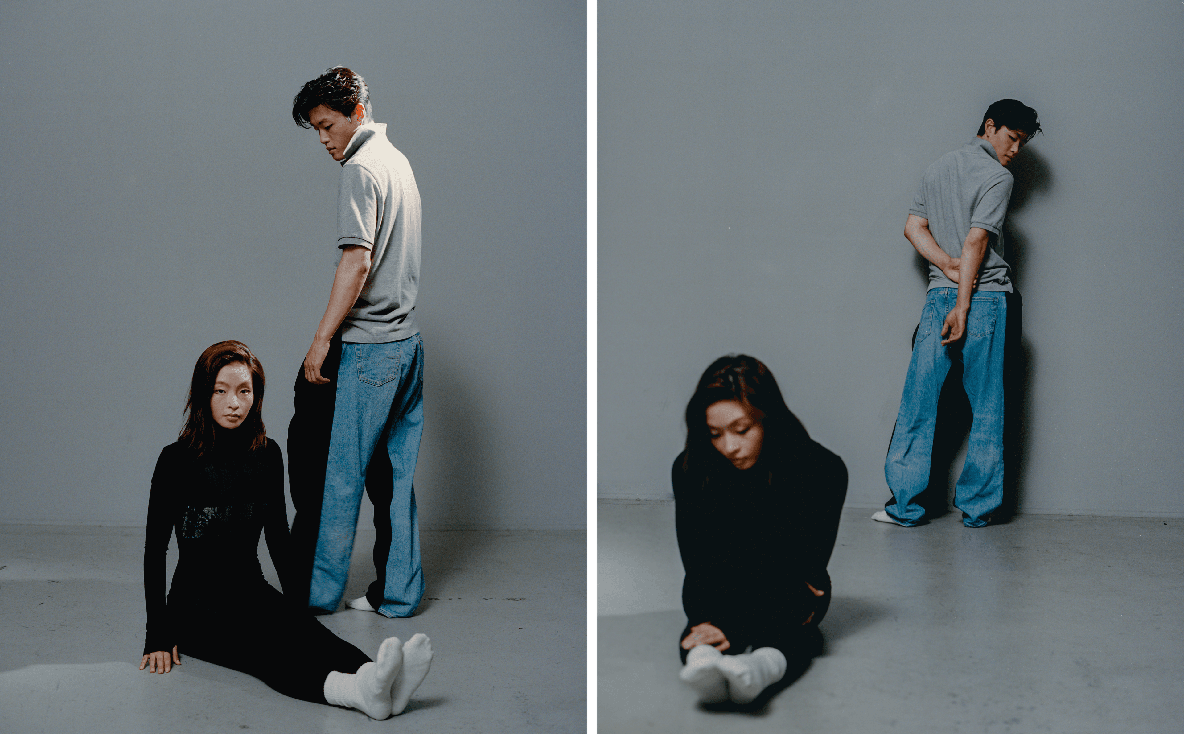 Maia wears CATSUIT by Norma Kamali. BRA by Malcolm D. Costa. Alex wears TOP by Polo Ralph Lauren. PANTS by Bless.