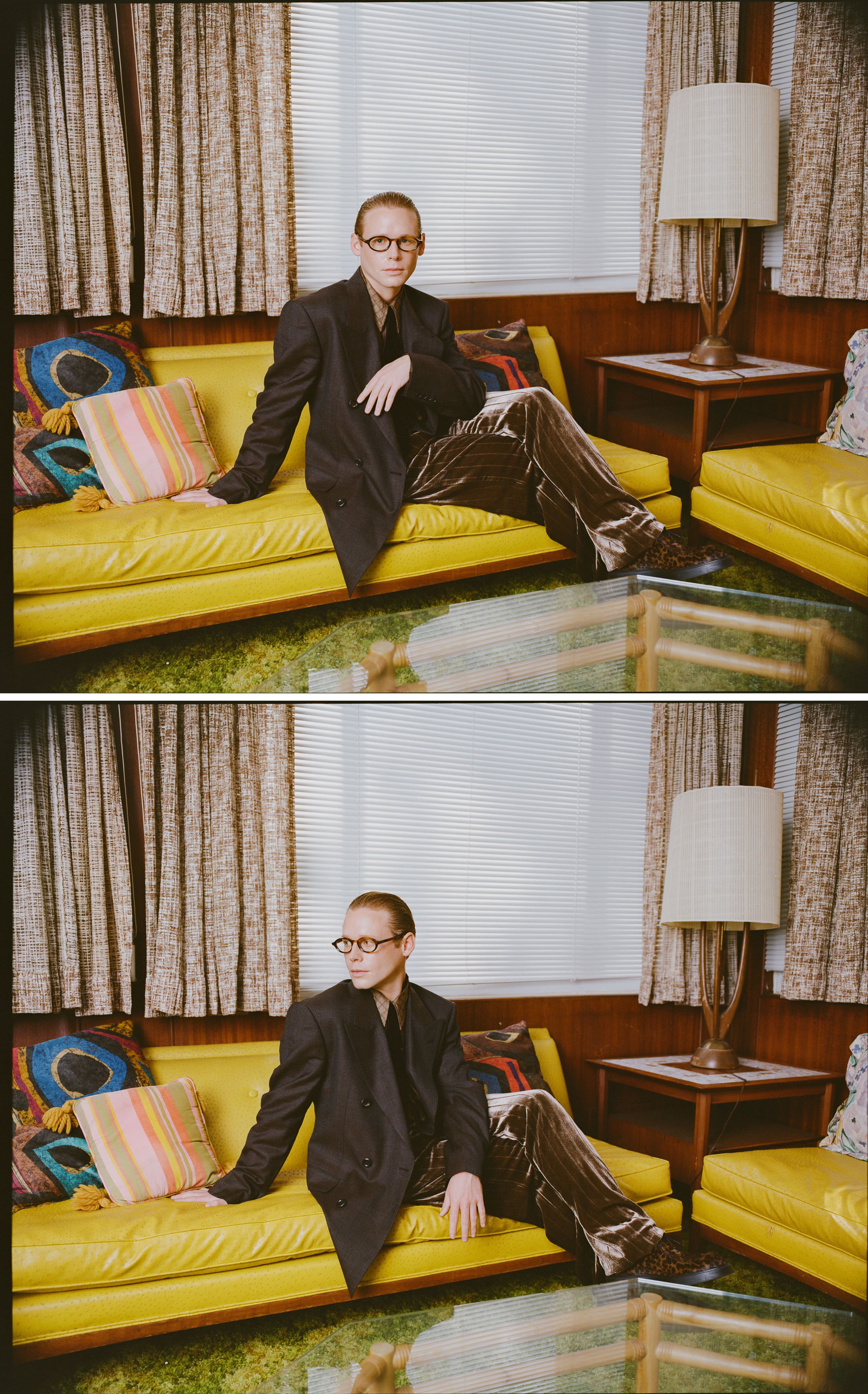 All CLOTHING, TIE, and SHOES by Emporio Armani: GLASSES By Cutler and Gross