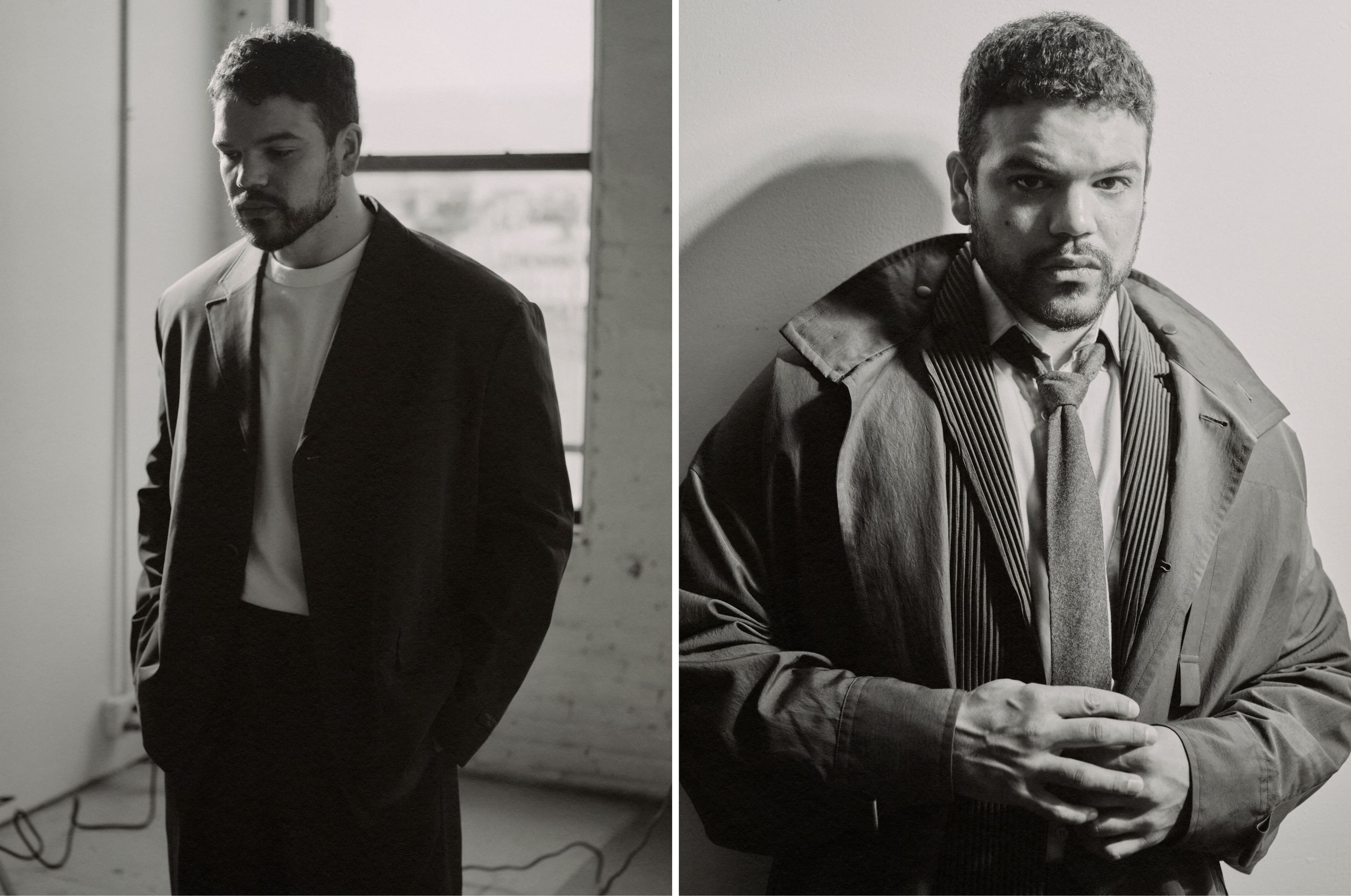 LEFT: JACKET and PANTS by Louis Vuitton; T-SHIRT, stylist’s own. RIGHT: COAT and JACKET by Homme Plissé Issey Miyake; SHIRT and TIE by The Frankie Shop.