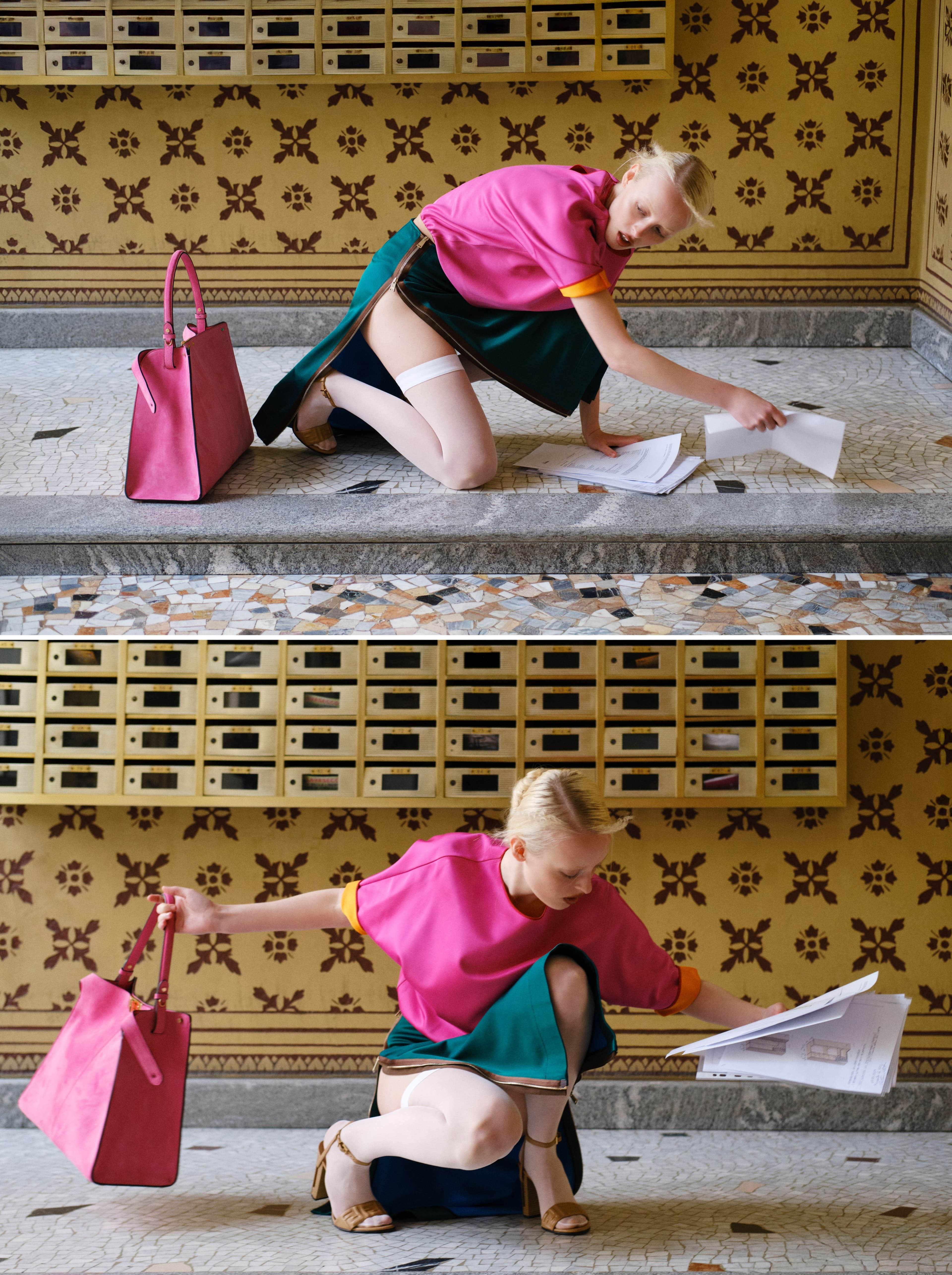 All CLOTHING, BAG, and SHOES by Fendi; TIGHTS by Wolford