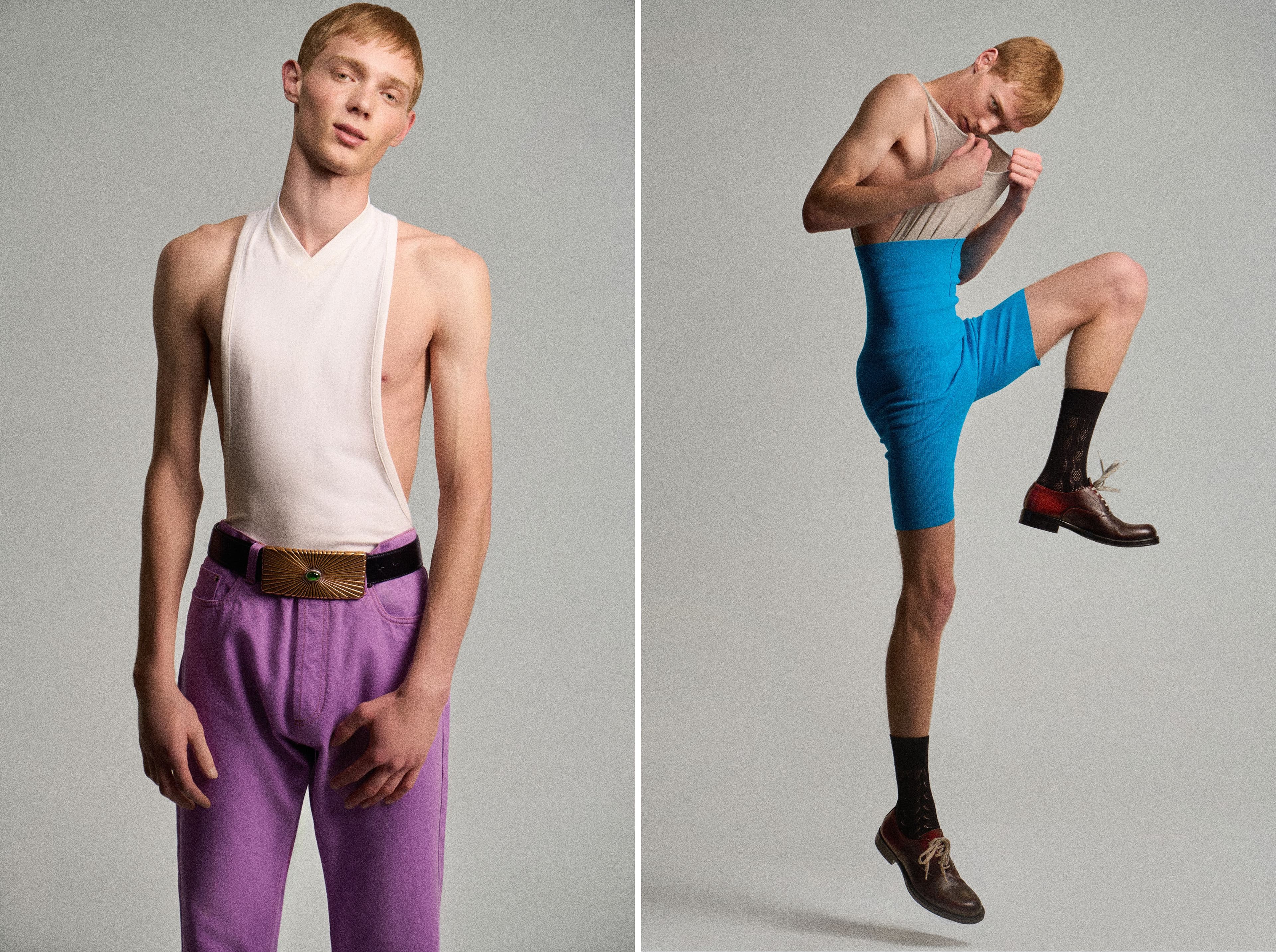 LEFT: All CLOTHING and BELT by Versace. RIGHT: All CLOTHING and ACCESSORIES by Dries Van Noten.