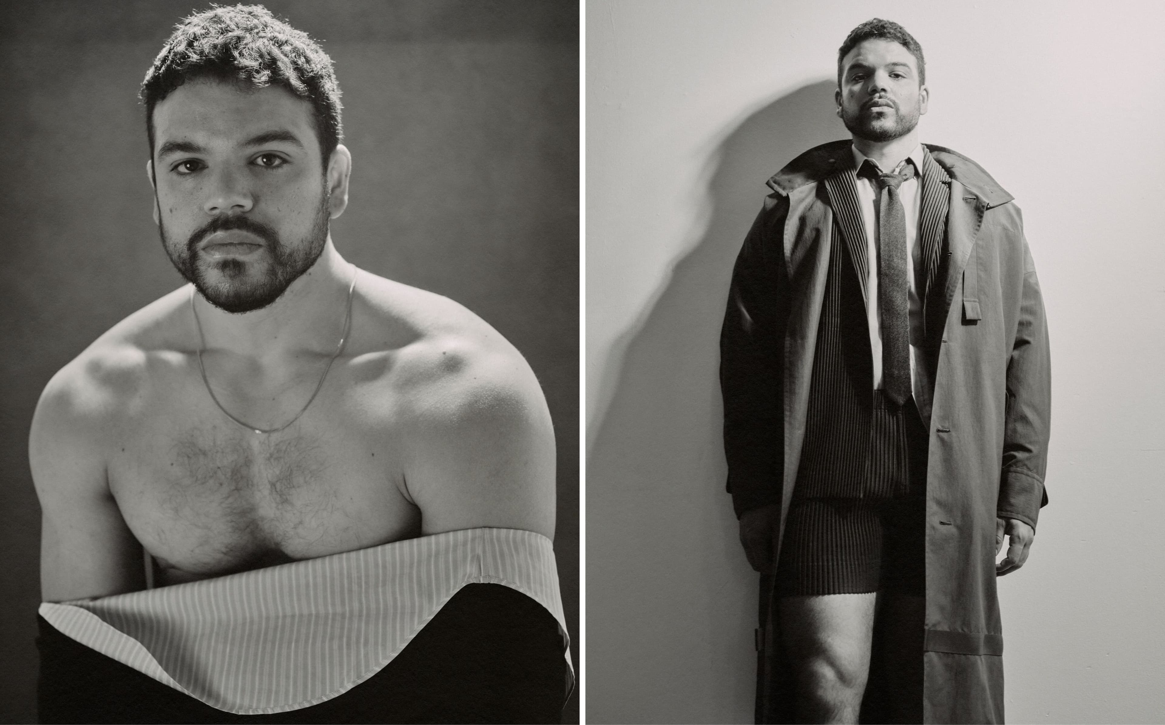 LEFT: SWEATER by Giorgio Armani; SHIRT by Ami Paris; NECKLACE by Miansai. RIGHT: COAT, JACKET, and SHORTS by Homme Plissé Issey Miyake; SHIRT and TIE by The Frankie Shop.