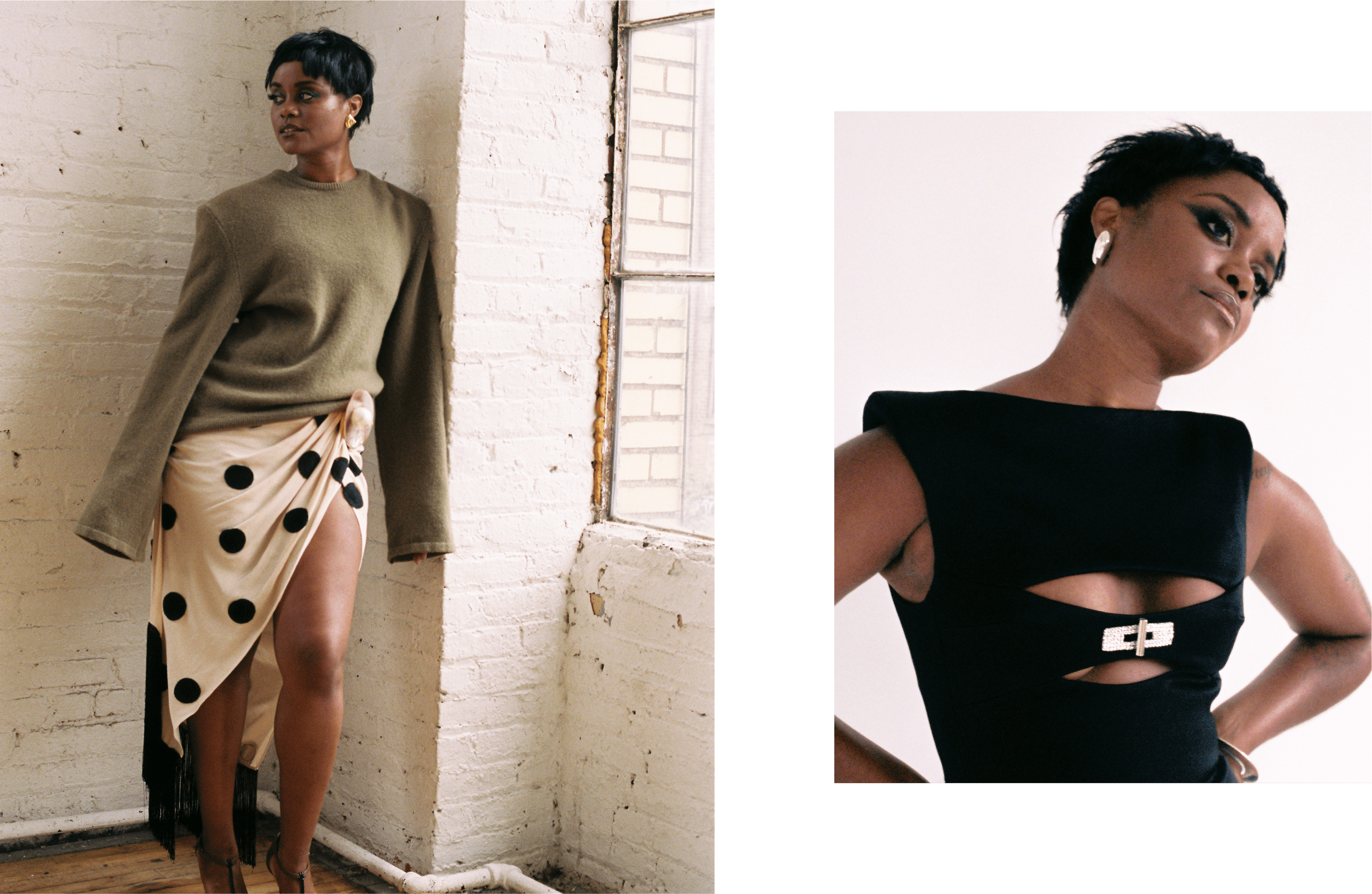 LEFT: TOP by ,Christian Wijnants., Vintage SKIRT by ,Jacquemus. ,BELT by ,Isshī. ,All JEWELRY by ,Patricia Von Musulin. ,RIGHT: DRESS by ,David Koma., All JEWELRY by ,Patricia Von Musulin.