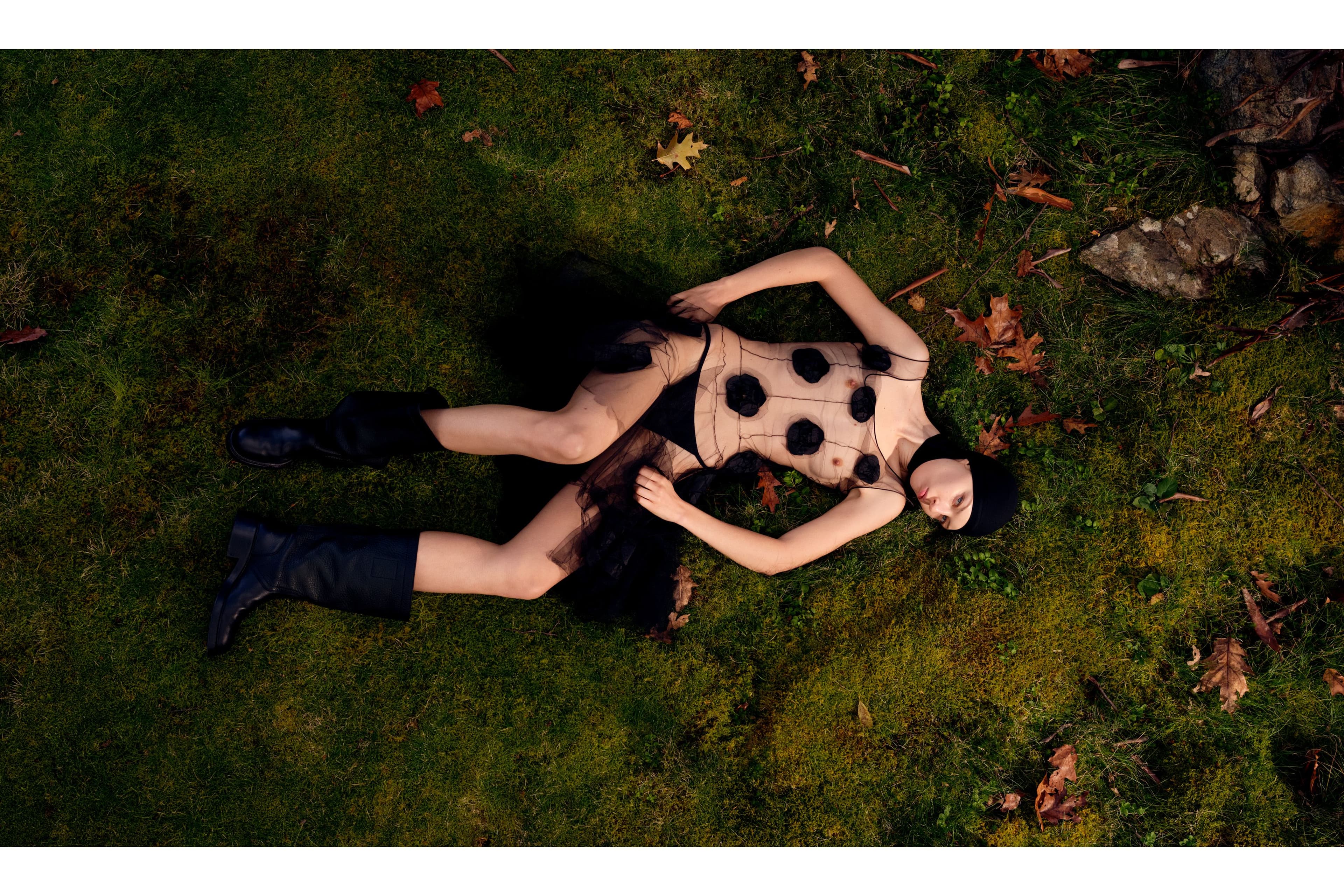 Vintage dress from Albright Fashion Library. Boots by Victoria Beckham. Headband, stylist’s own. Underwear by Matteau.