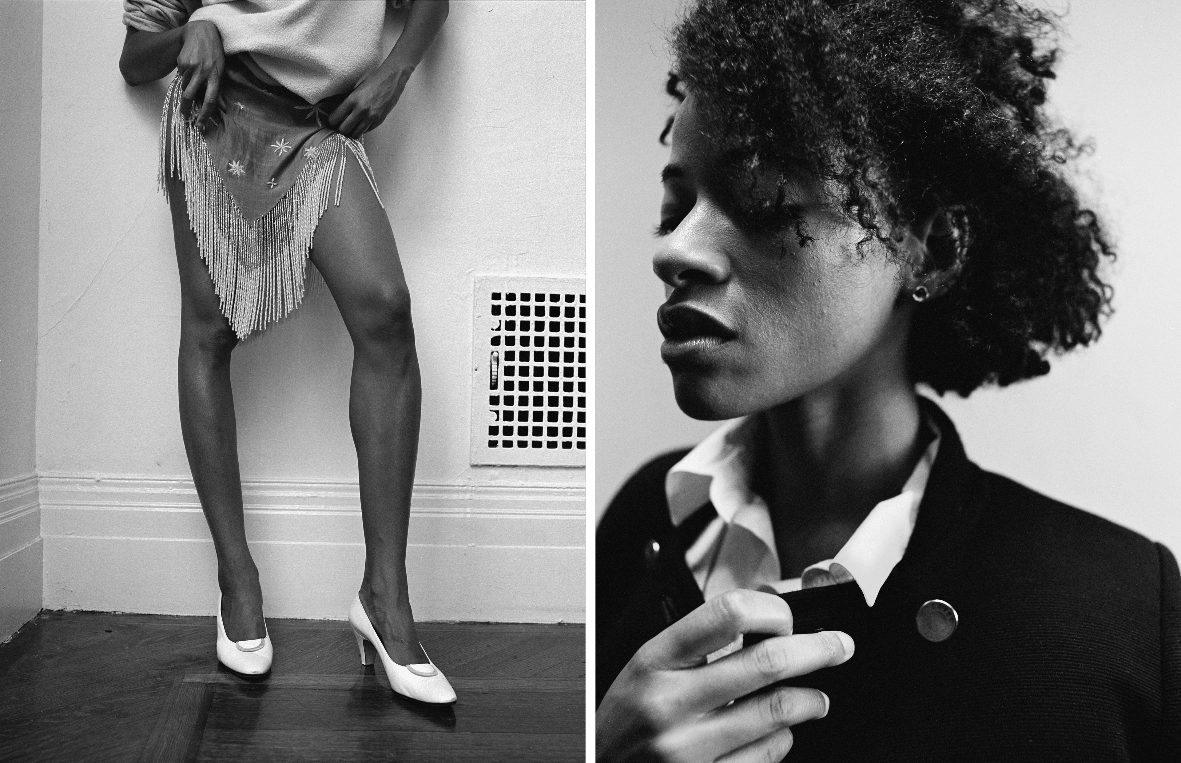 LEFT: Vintage TOP and SHOES; DRESS by Tigra Tigra. RIGHT: JACKET by Hermès; vintage SHIRT and EARRINGS.