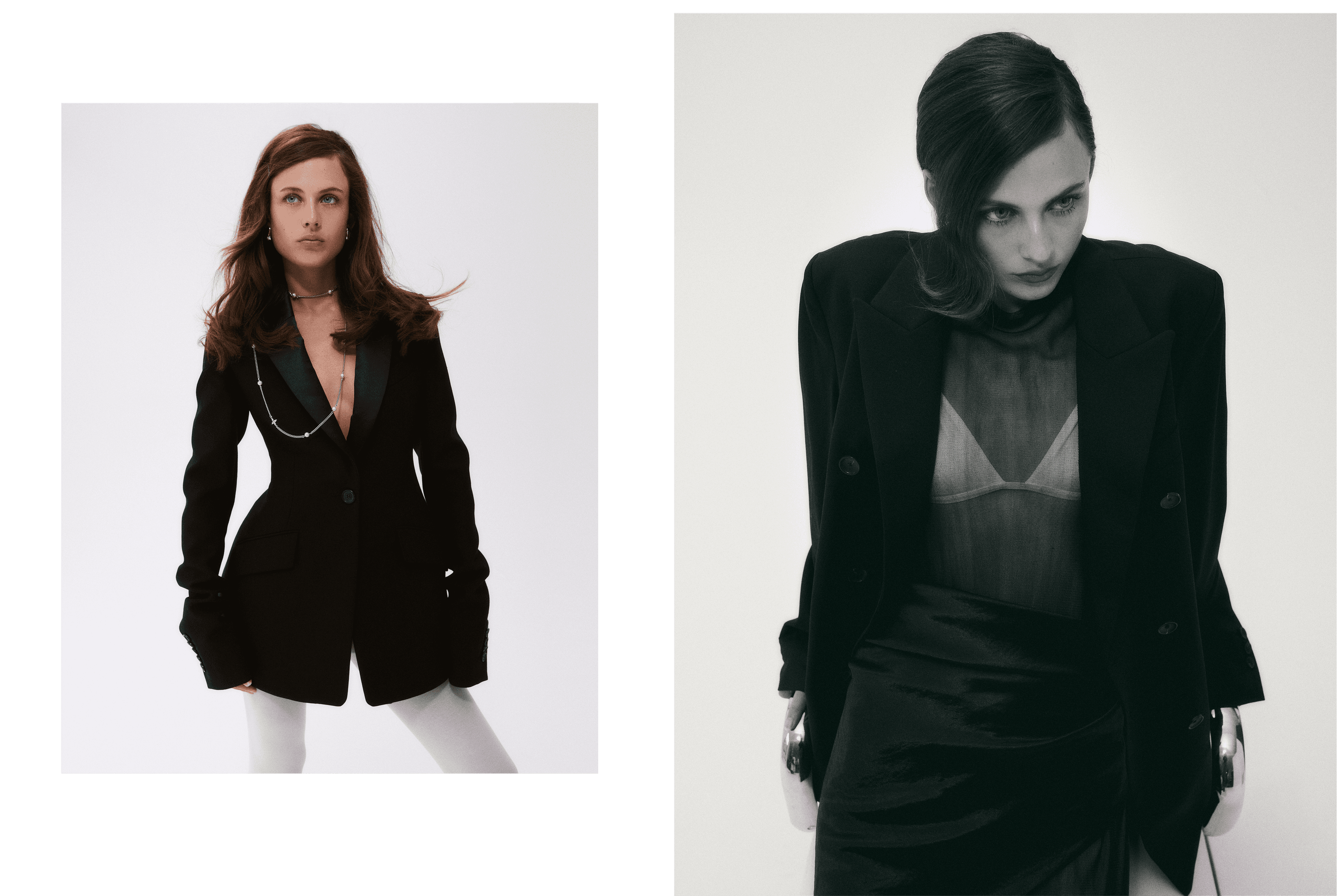 LEFT: JACKET by ,Marina, ,Moscone,. TIGHTS by ,Falke,. EARRINGS by ,BEVZA. ,NECKLACE by ,Louis Vuitton. ,RIGHT: JACKET and SKIRT by ,Maria McManus,. TOP and BRA by ,Silk Laundry,.